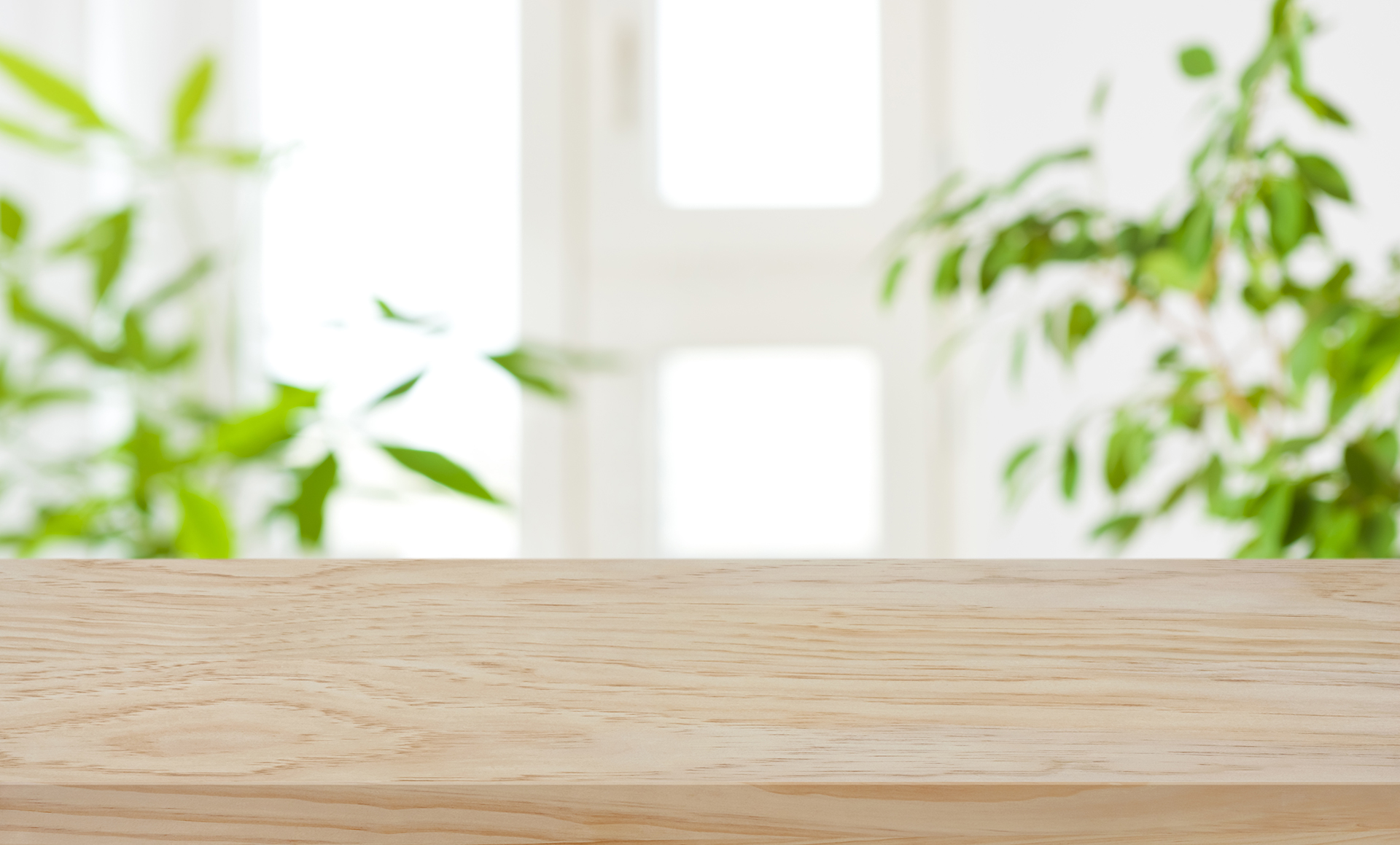 Wood tabletop with houseplants in a bright room
