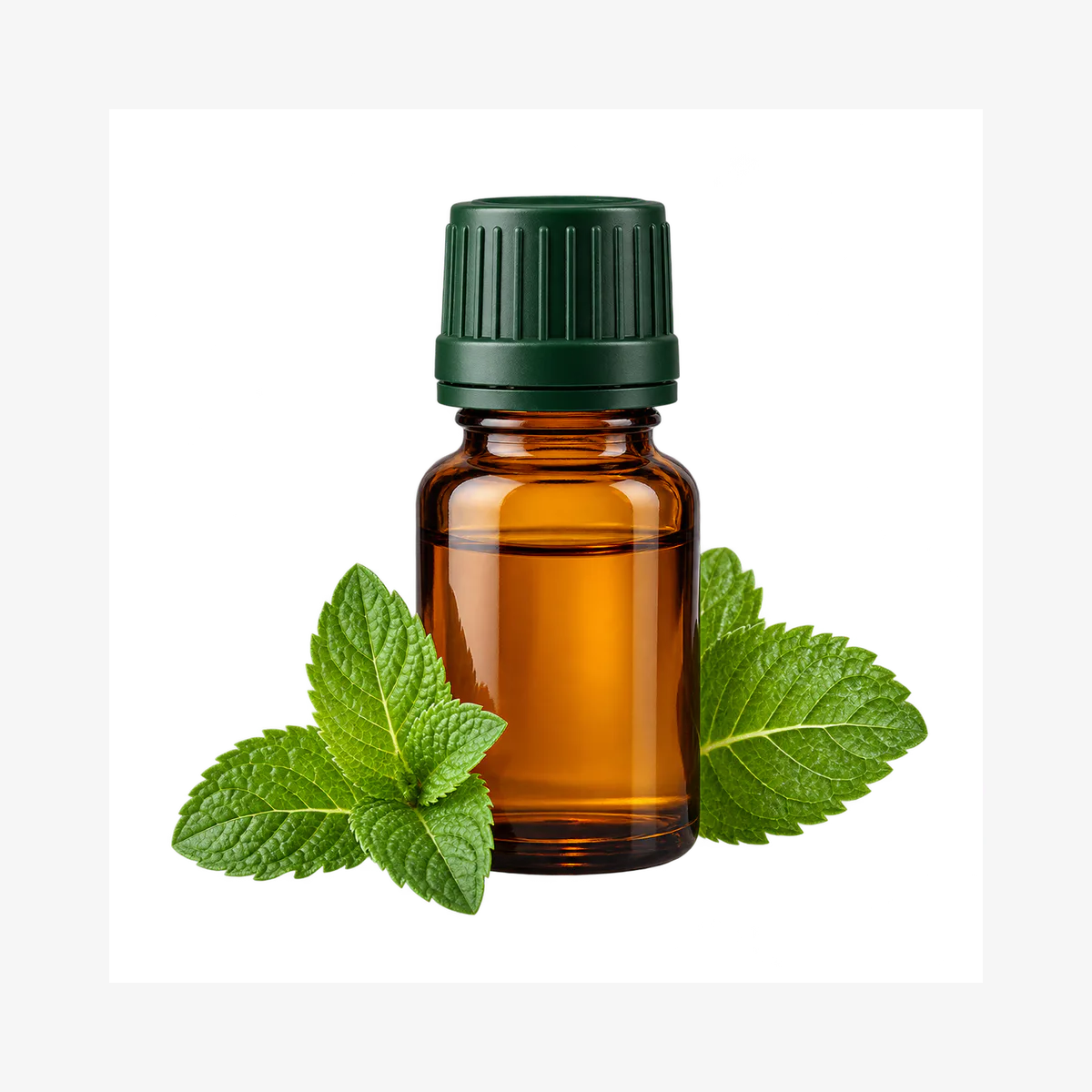 Amber bottle of peppermint essential oil with fresh mint leaves