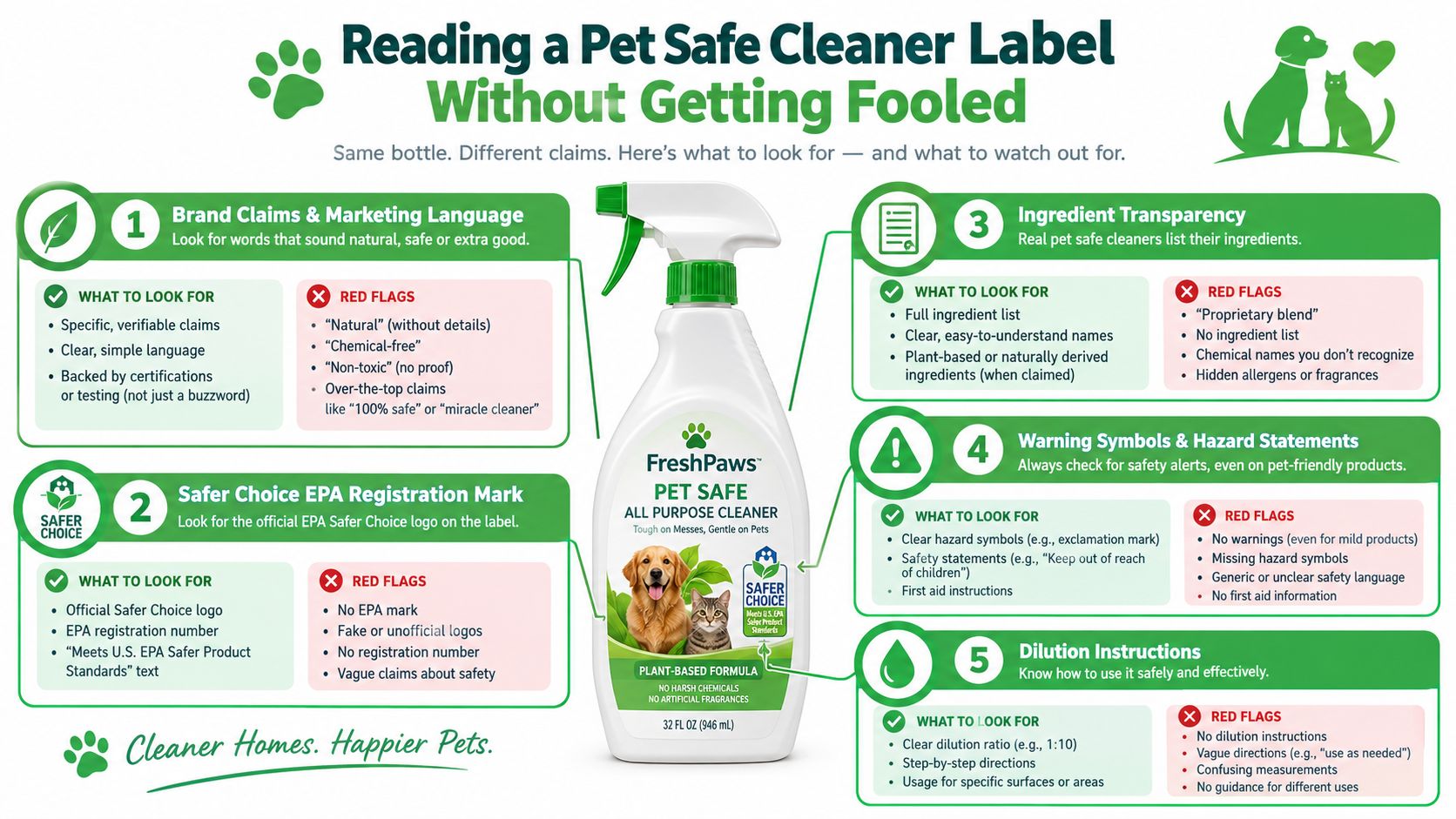 An infographic titled Reading a Pet Safe Cleaner Label, showing tips for identifying safe cleaning products.
