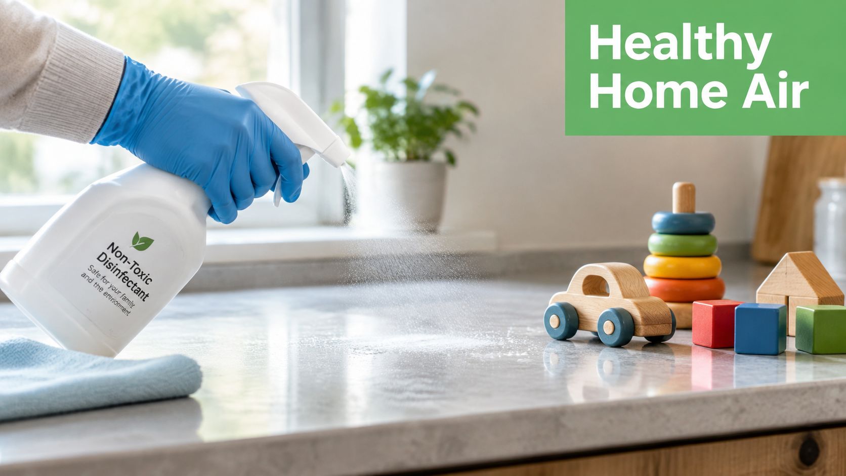 A person wearing blue gloves sprays a non-toxic disinfectant on a kitchen counter near wooden children's toys.