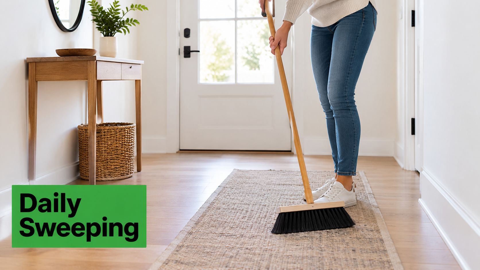A person in blue jeans and white sneakers sweeps a woven hallway rug with a wooden broom.