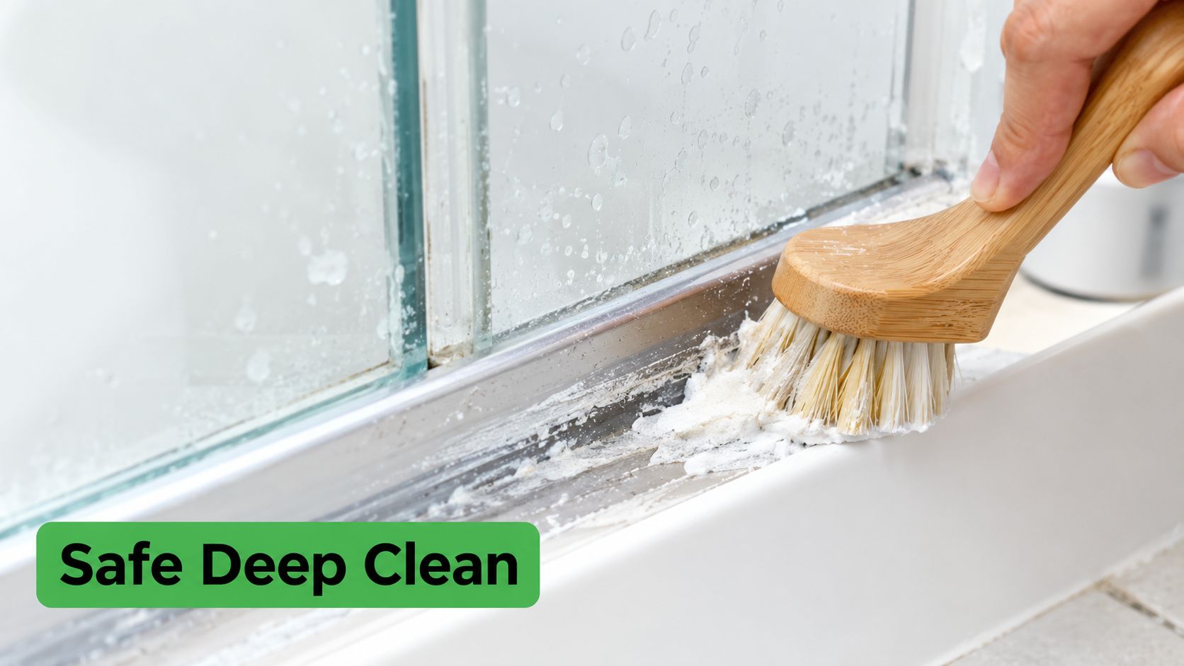 A hand using a bamboo scrubbing brush to deep clean the mold and soap scum from a shower door track.
