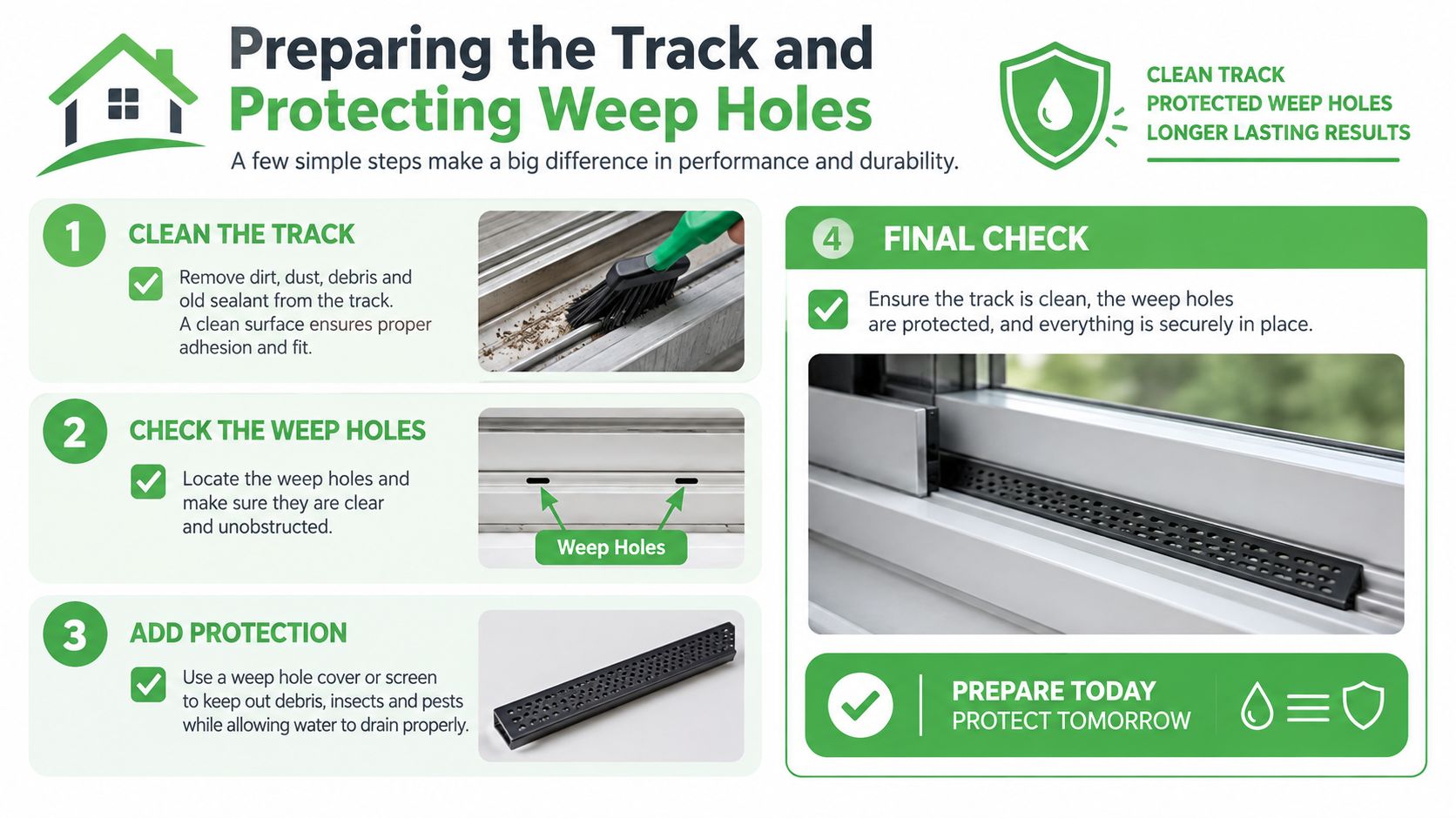 An infographic showing four steps to clean shower door tracks and install protective weep hole covers.