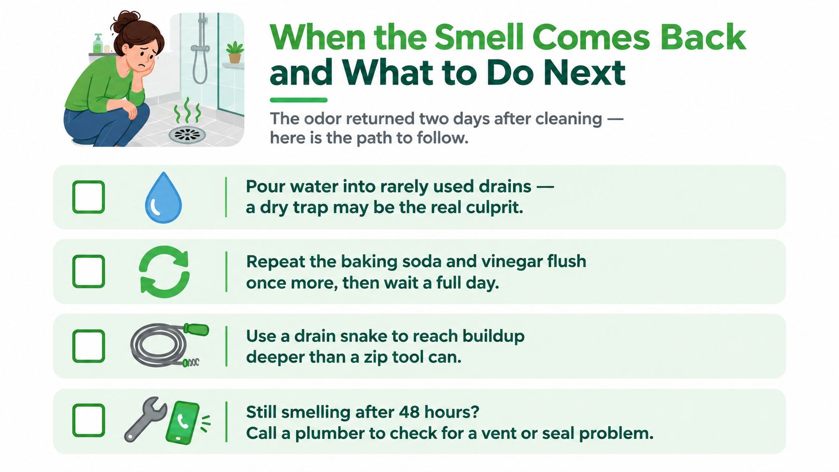 An infographic showing steps to fix a smelly shower drain including pouring water, baking soda, using a snake, and calling a plumber.