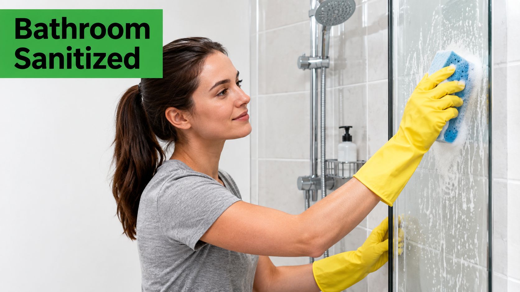 A smiling young woman wearing yellow rubber gloves cleaning a glass shower door with a blue sponge.