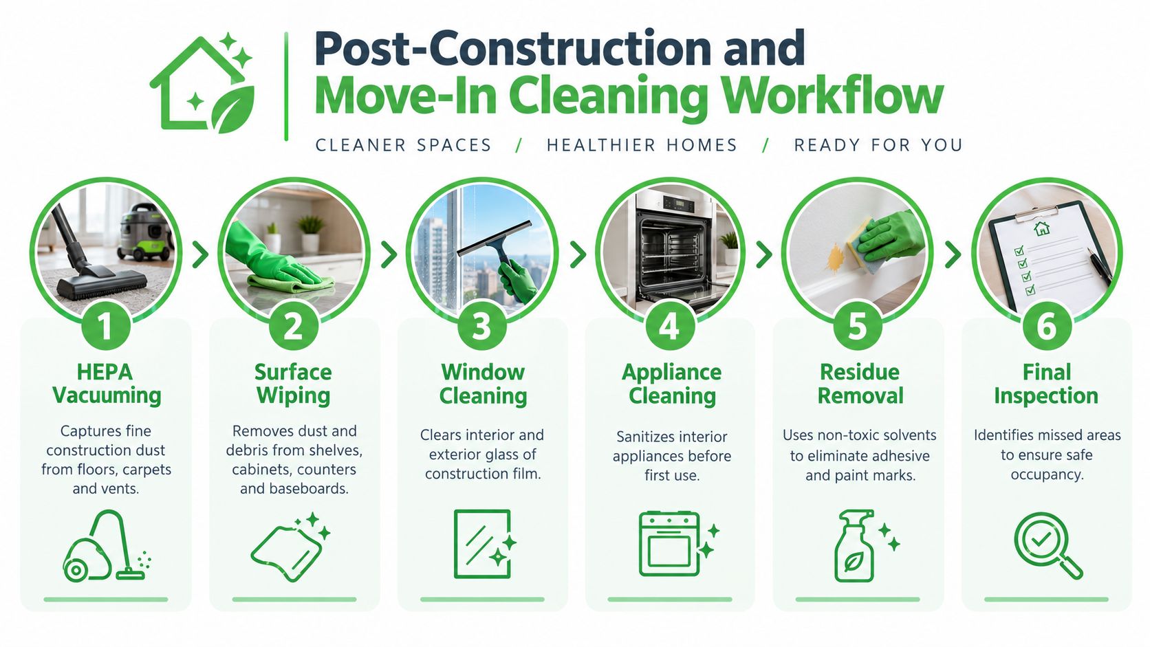 An infographic showing a six-step post-construction and move-in cleaning workflow process for new homes.