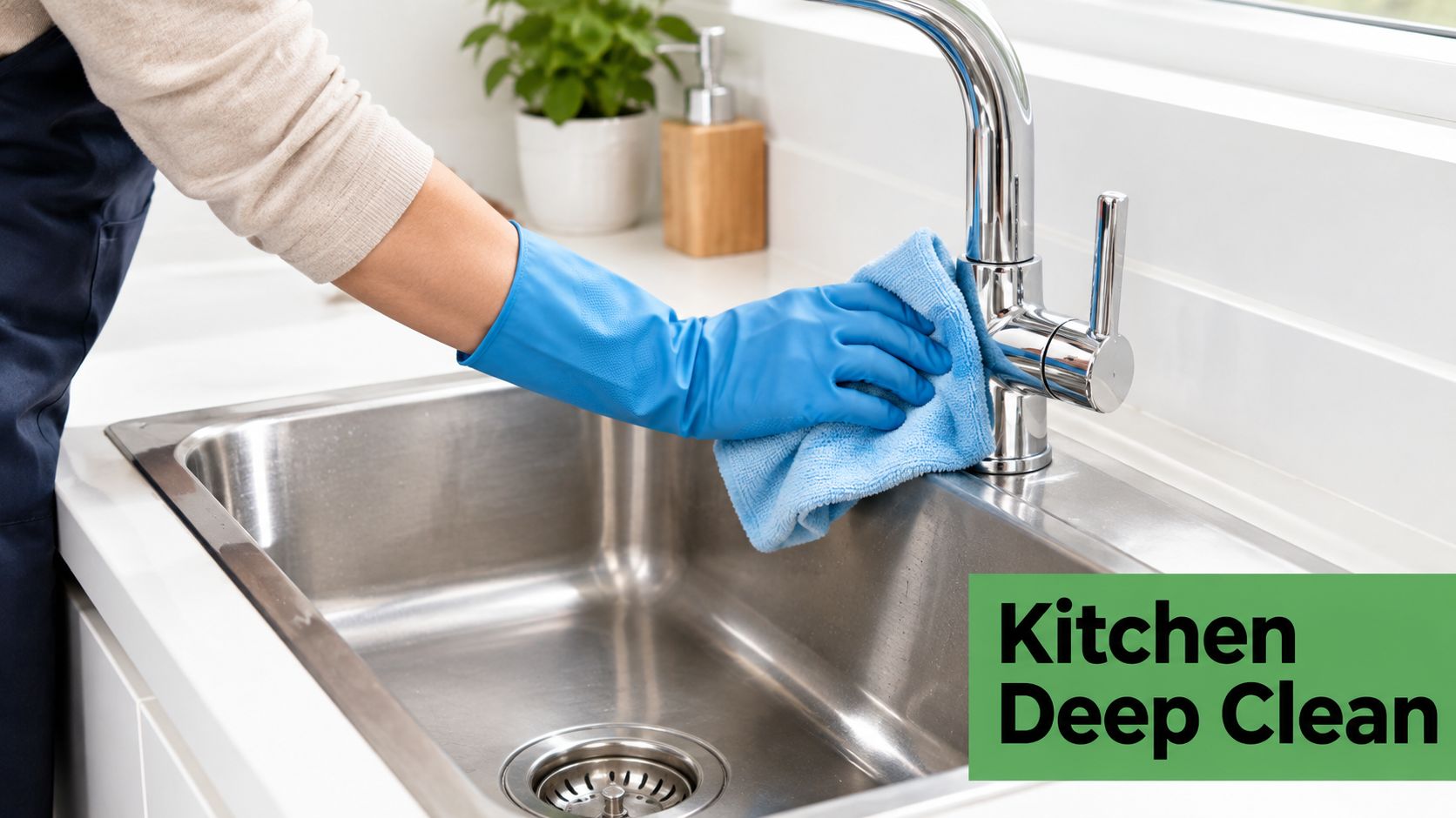 A person wearing blue rubber gloves cleaning a stainless steel kitchen sink faucet with a microfiber cloth.