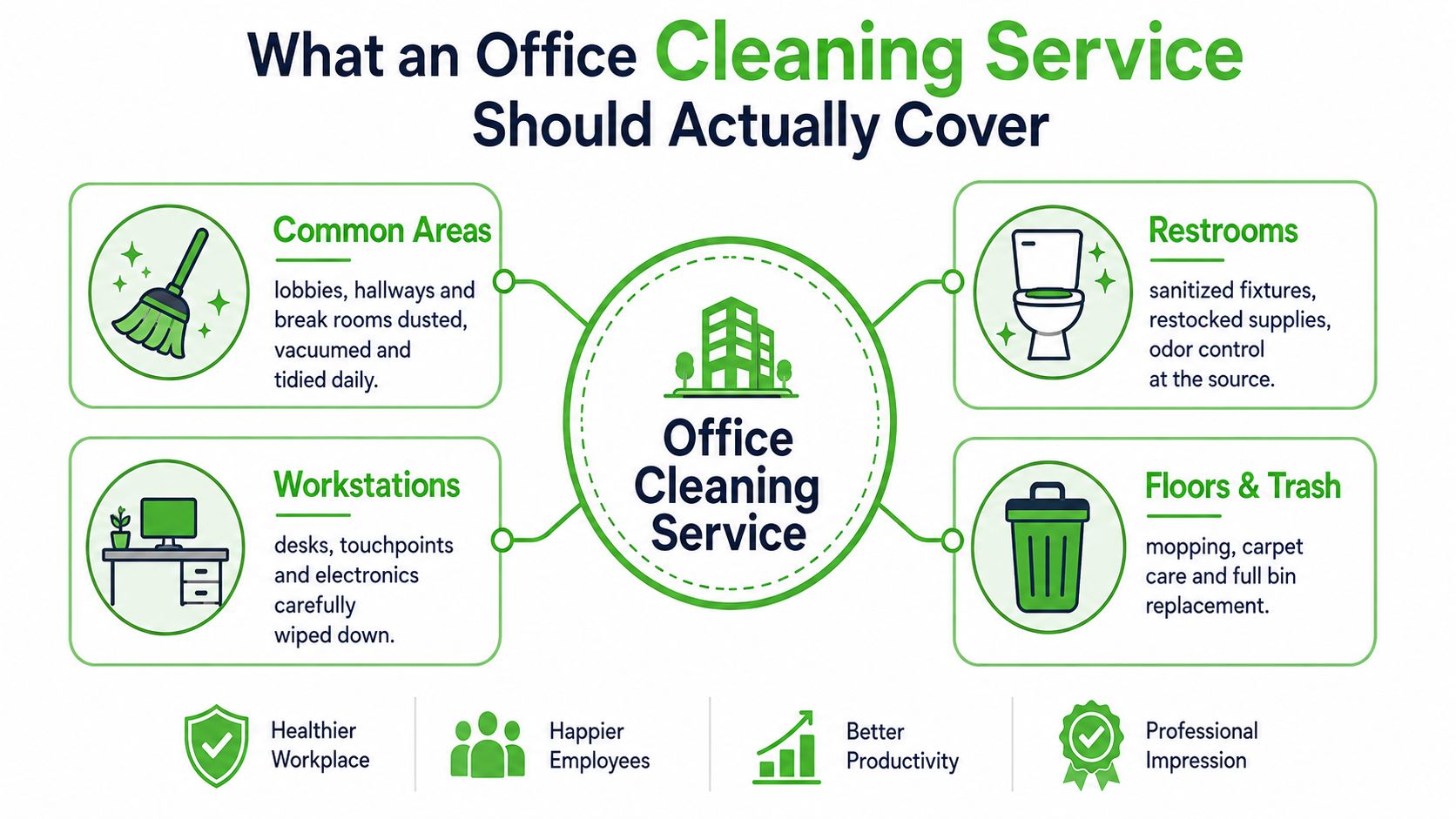 An infographic showing essential office cleaning services including common areas, workstations, restrooms, floors, and trash management.