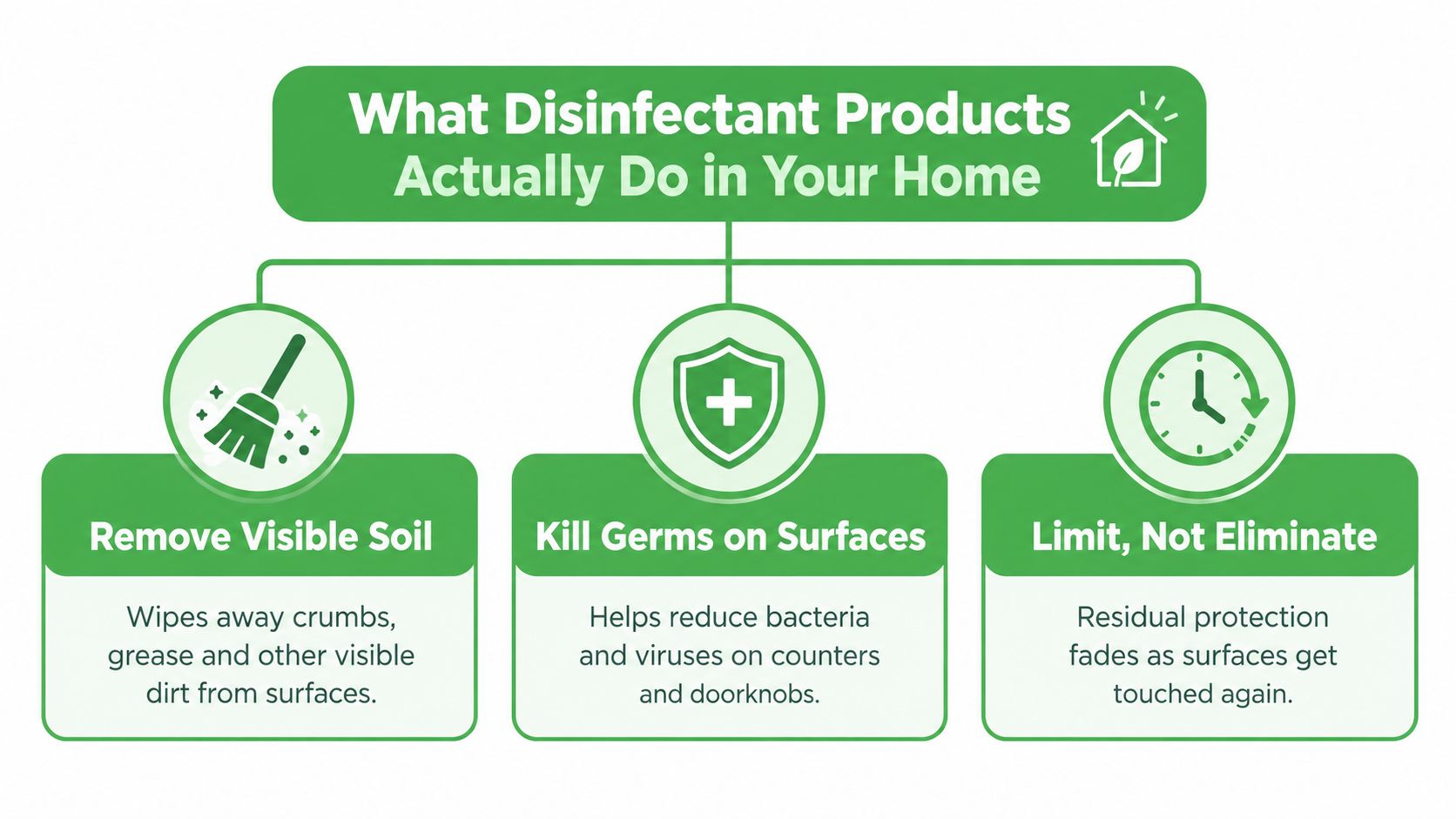 An infographic explaining what disinfectant products actually do, including removing soil, killing germs, and limiting bacteria.