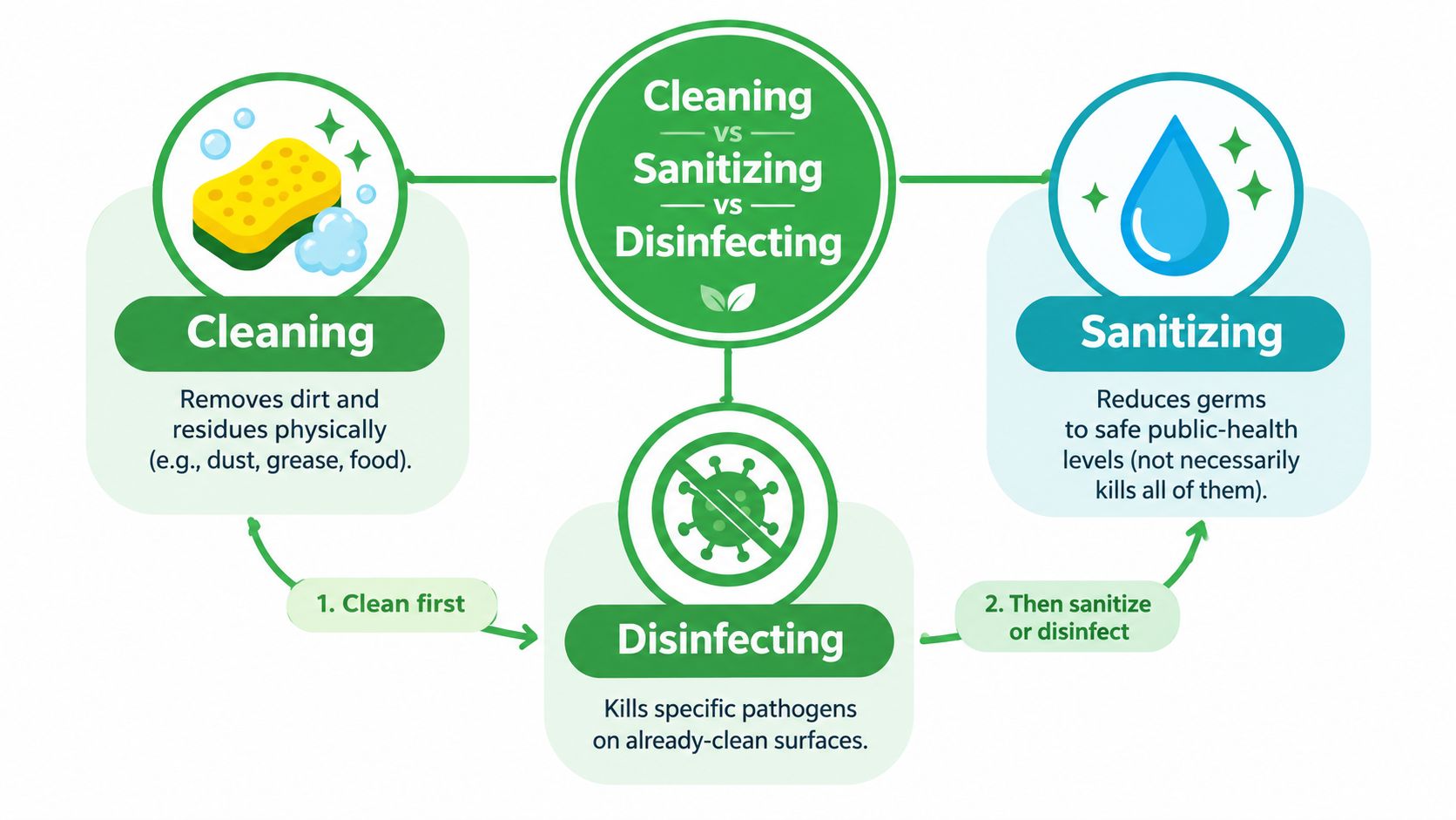 An educational infographic explaining the key differences between cleaning, sanitizing, and disinfecting surfaces for hygiene.
