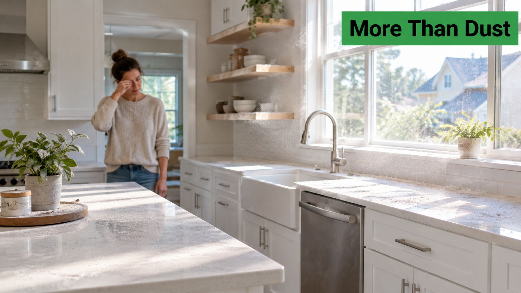 A woman rubbing her eyes in a dusty kitchen after a home renovation project.