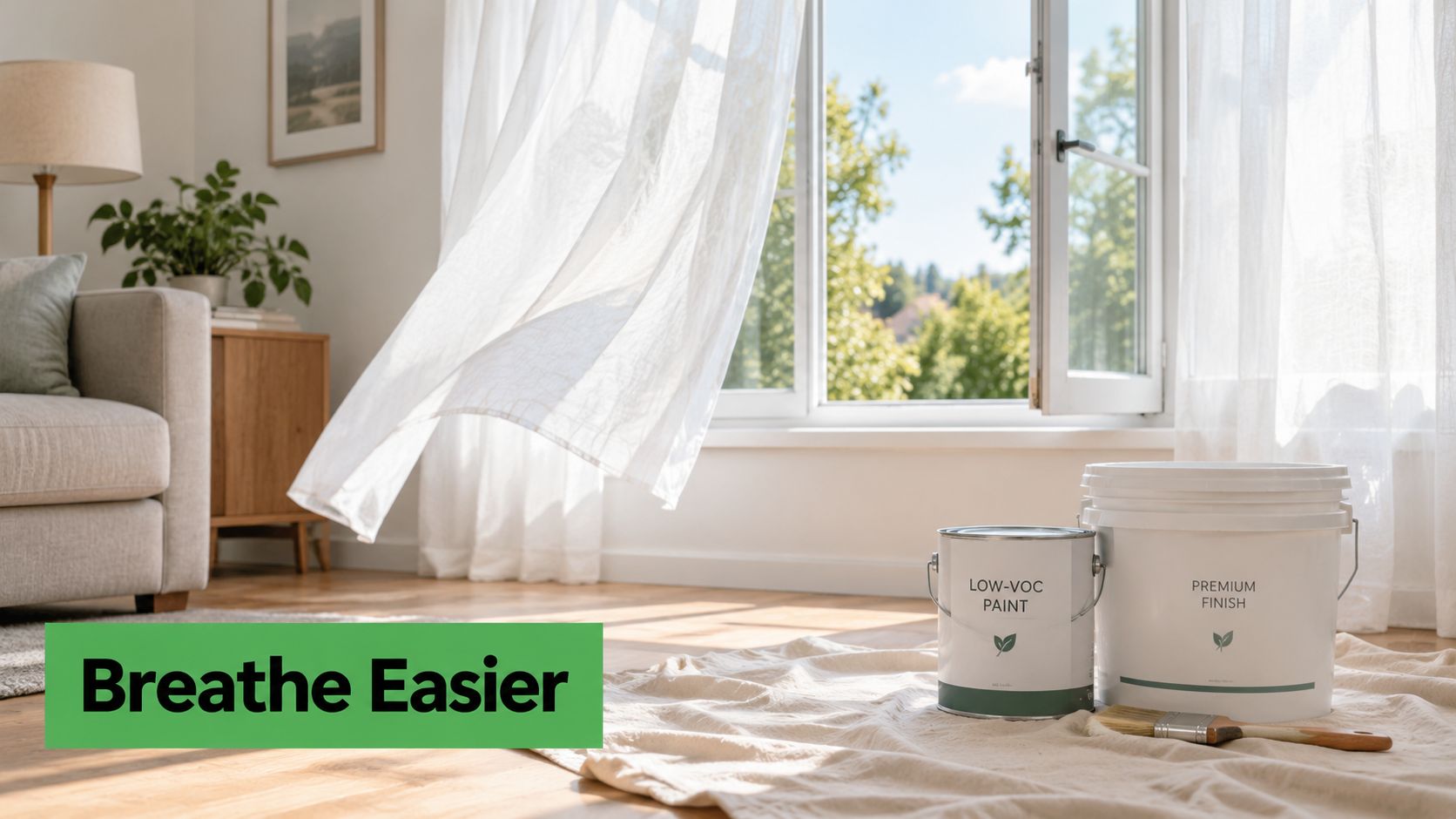Two buckets of low-VOC paint sit on a drop cloth in a bright, sunlit room after renovations.