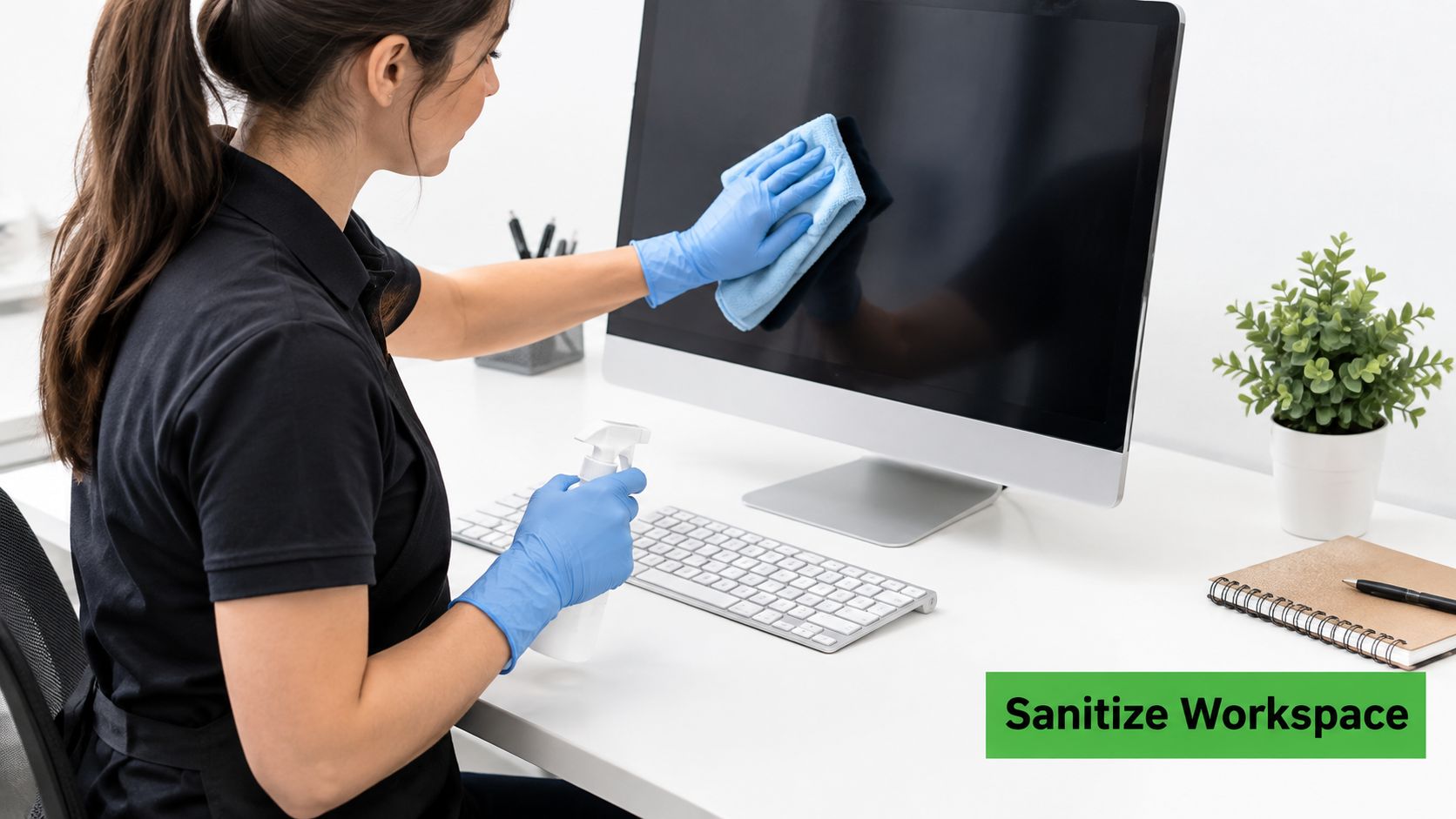A professional cleaner in gloves sanitizing a computer screen and office desk for a clean workspace.