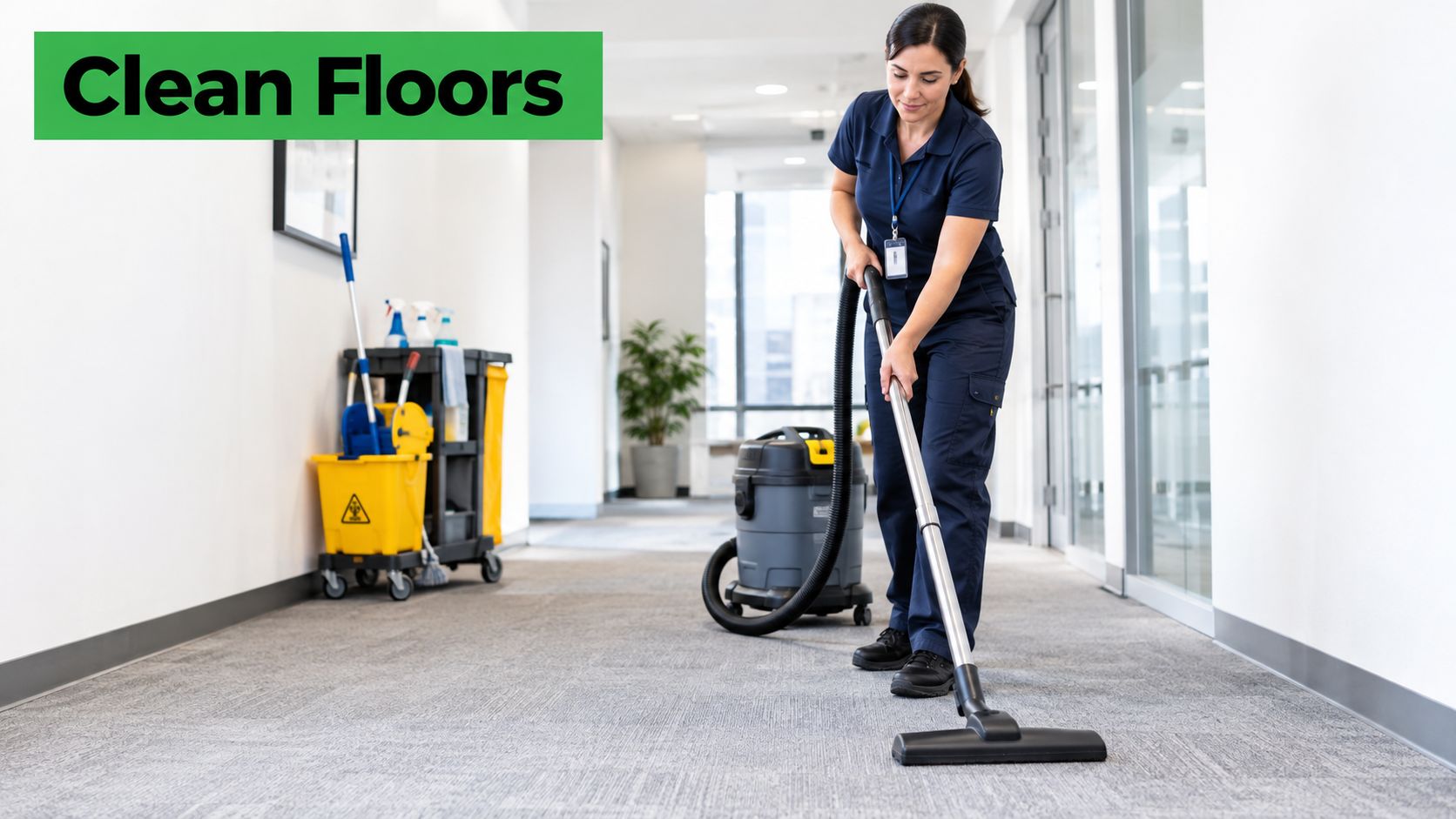 A professional cleaner uses a vacuum machine to clean the carpeted floor in a modern office hallway.