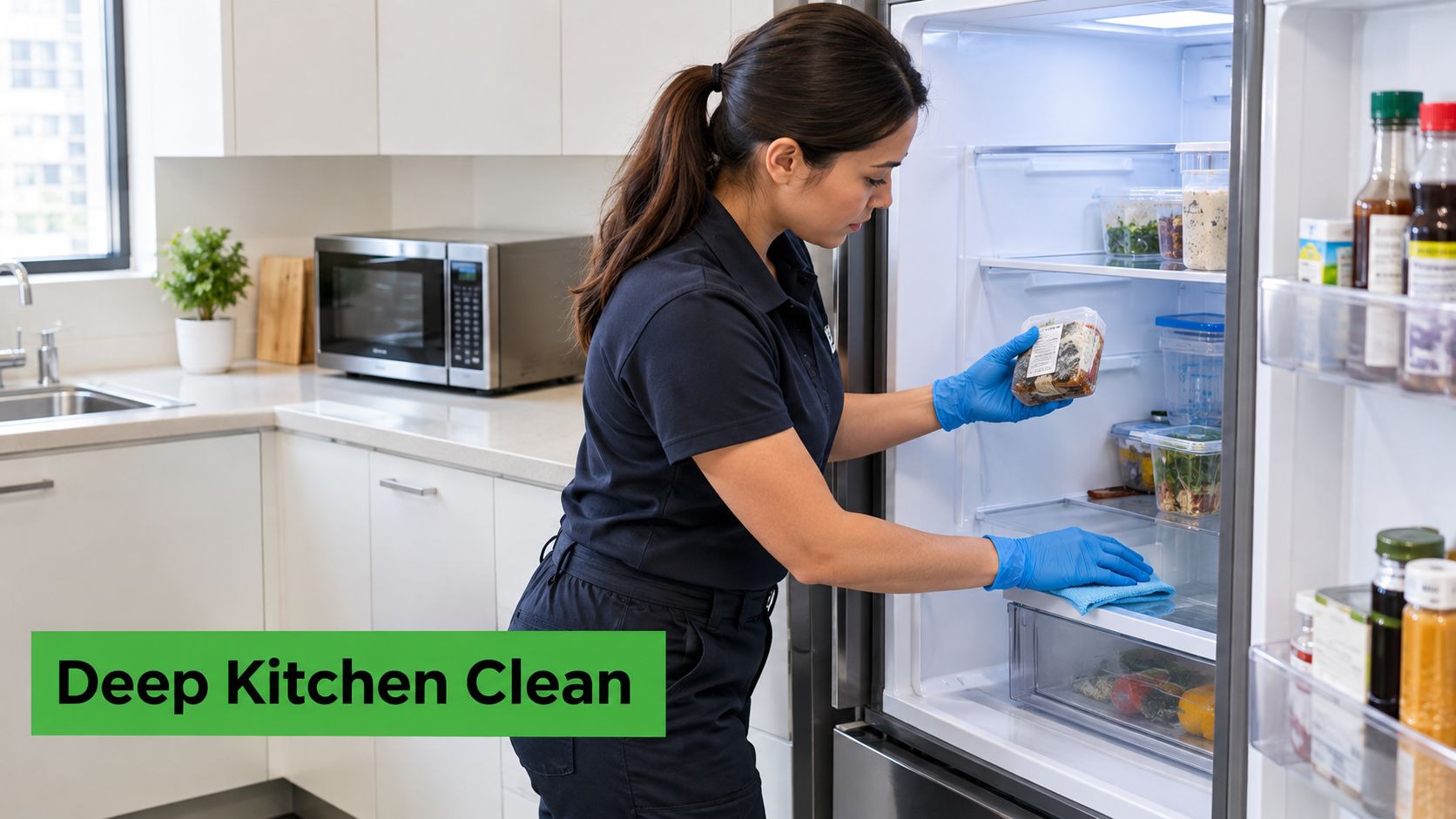 A professional cleaner wearing blue gloves carefully wiping down the shelves inside a clean modern refrigerator.
