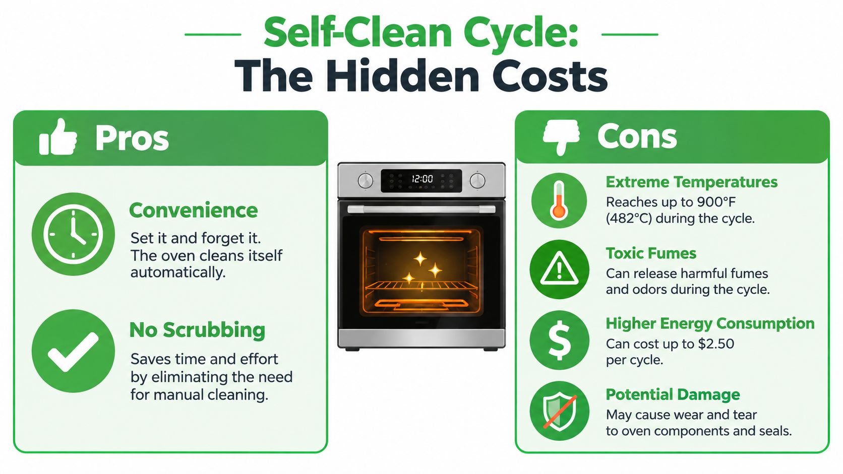 A comparison infographic showing the pros and cons of using an oven's self-cleaning cycle feature.
