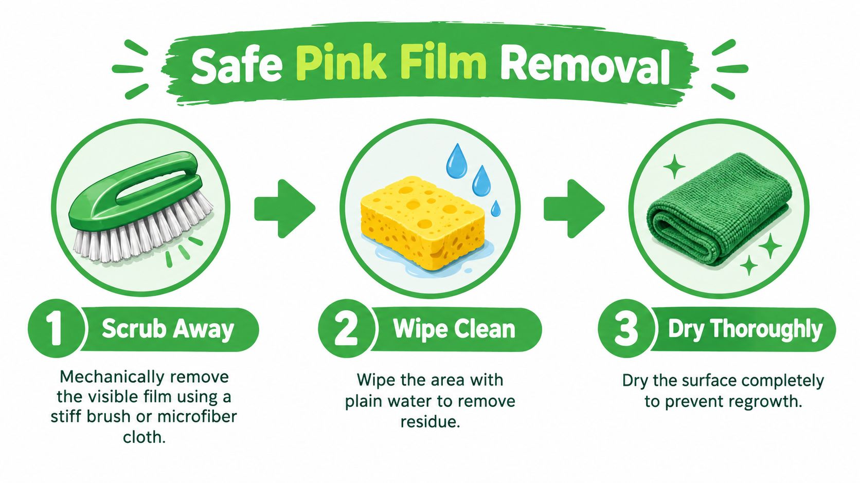 A three-step infographic showing how to safely remove pink shower film by scrubbing, wiping, and drying surfaces.