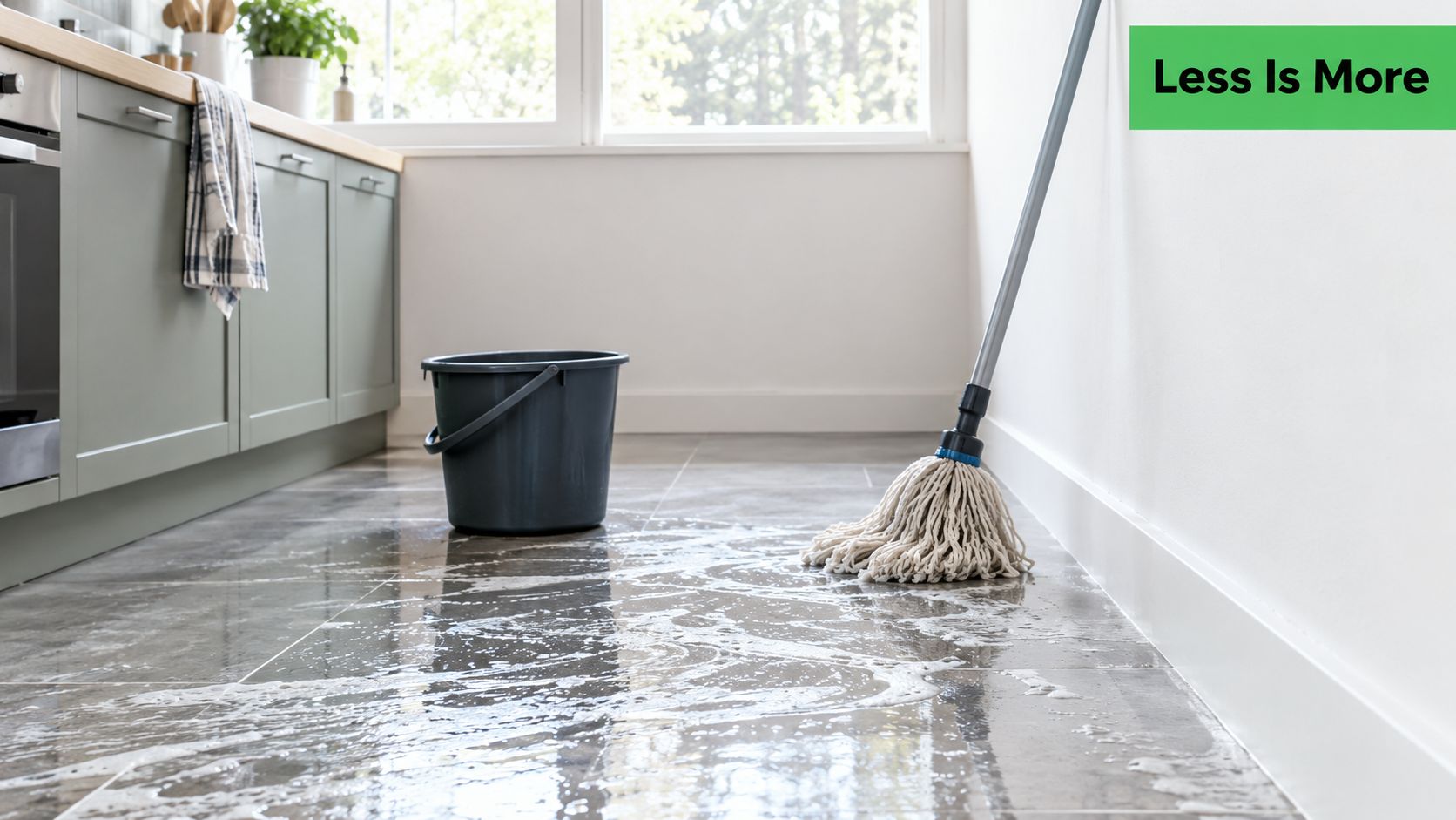 A mop and a bucket sitting on a soapy, wet kitchen floor with visible cleaning foam.