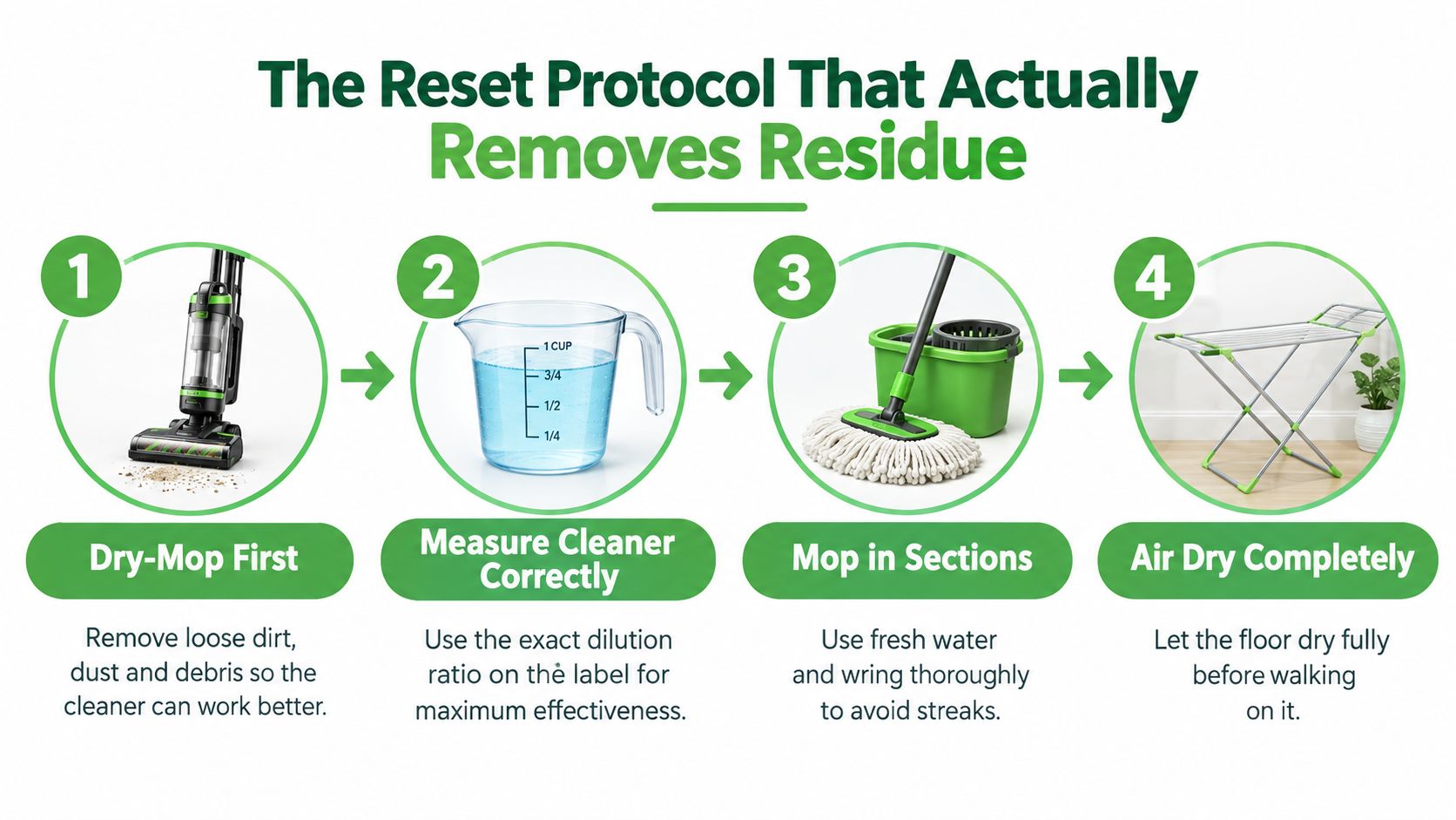 A four-step infographic guide showing how to effectively remove sticky residue from floors by cleaning properly.