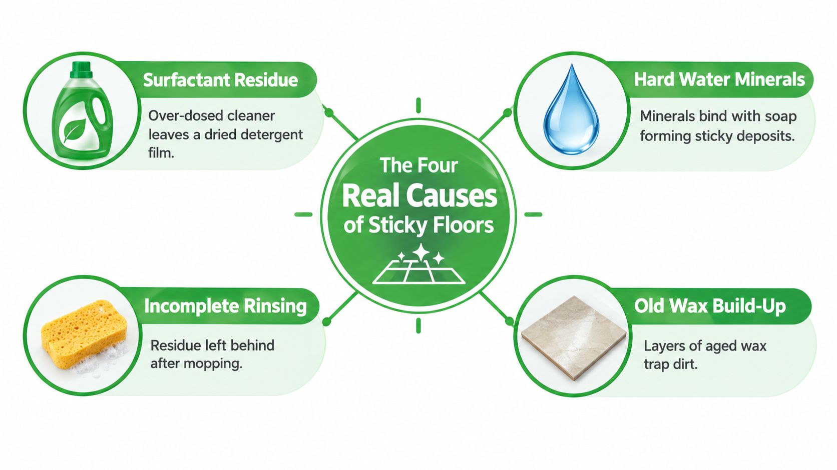 An infographic titled The Four Real Causes of Sticky Floors, illustrating common reasons for sticky floor surfaces.