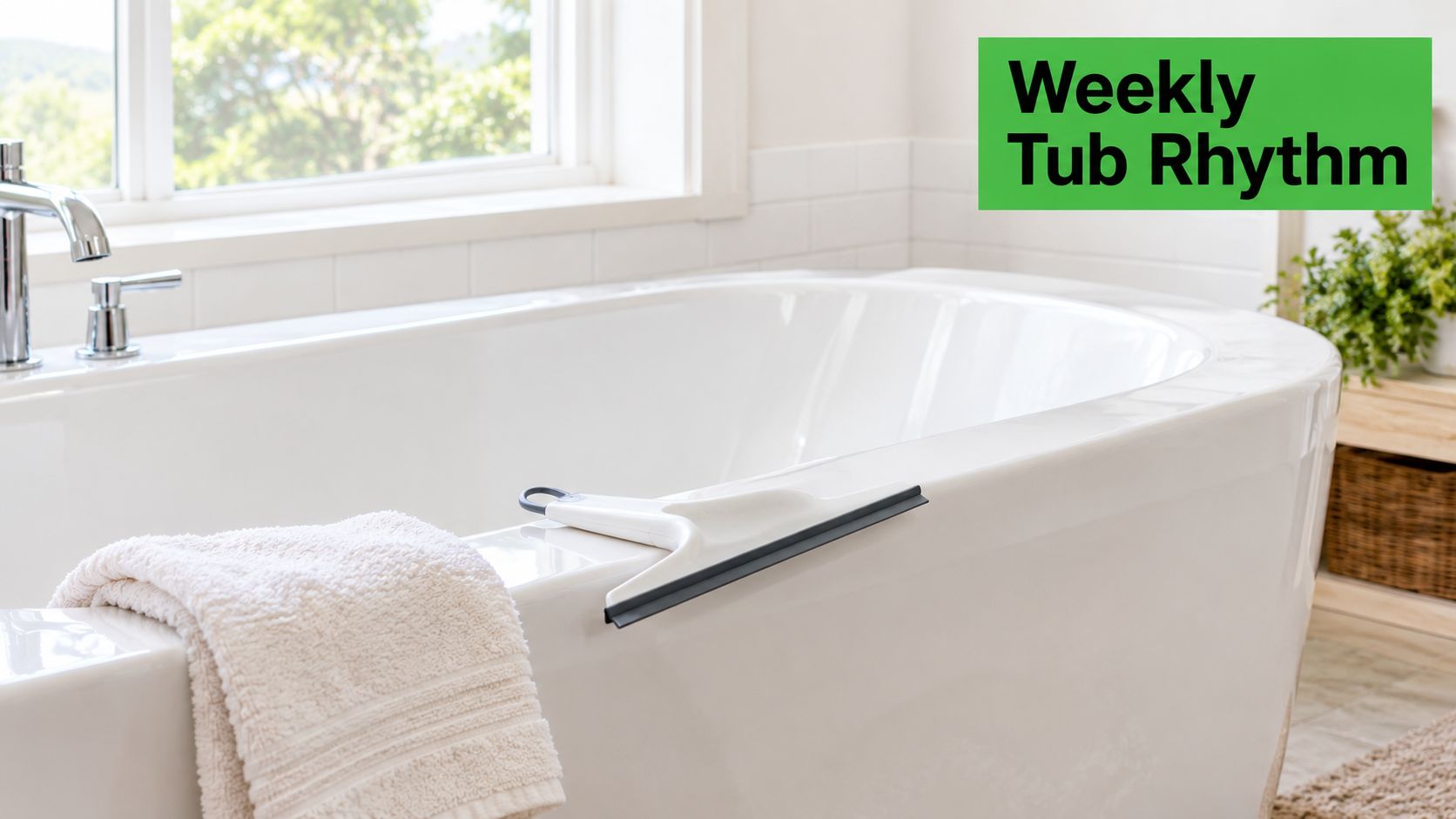 A clean white bathtub with a squeegee resting on the edge and a folded towel nearby.