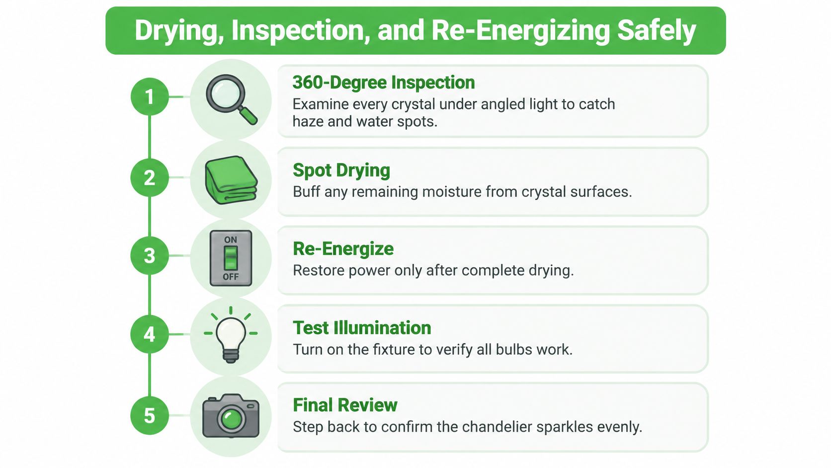 An infographic detailing five steps for drying, inspecting, and re-energizing a crystal chandelier safely after cleaning.