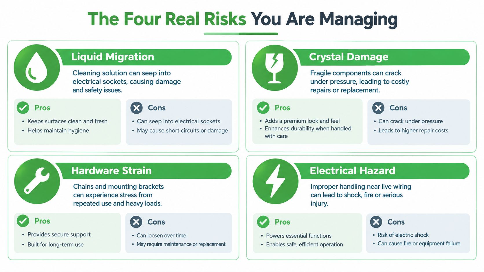 An infographic detailing four management risks including liquid migration, crystal damage, hardware strain, and electrical hazards.