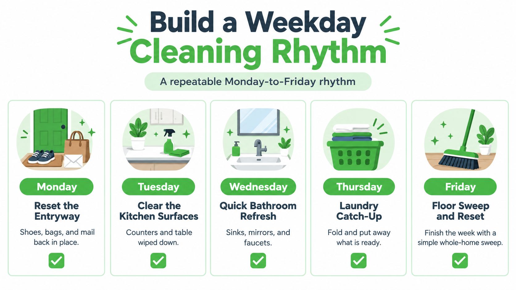 A weekly cleaning schedule graphic showing simple daily tasks for Monday through Friday to maintain a tidy home.