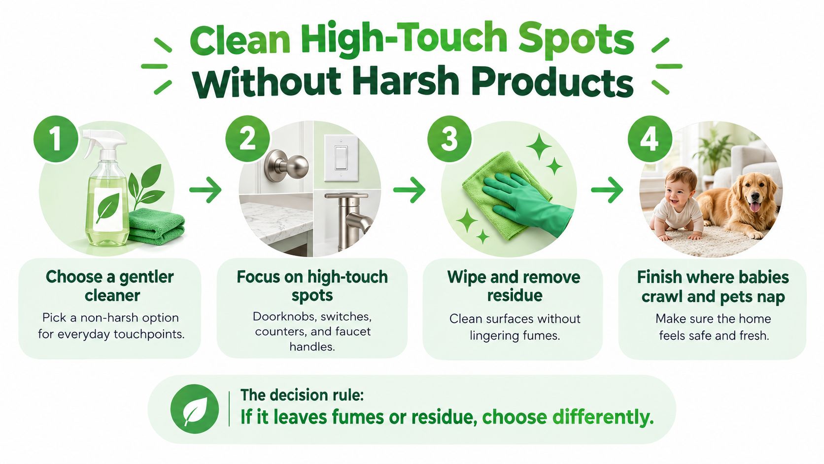 A four-step guide infographic for cleaning high-touch surfaces in a home using gentle, non-harsh cleaning products.