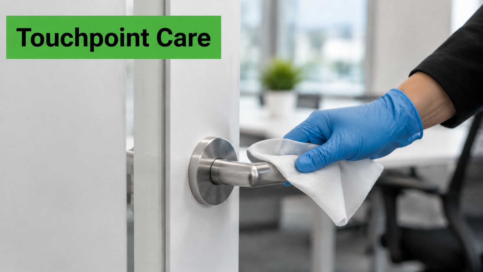 A person wearing blue gloves wiping a metal door handle with a cleaning wipe in an office.
