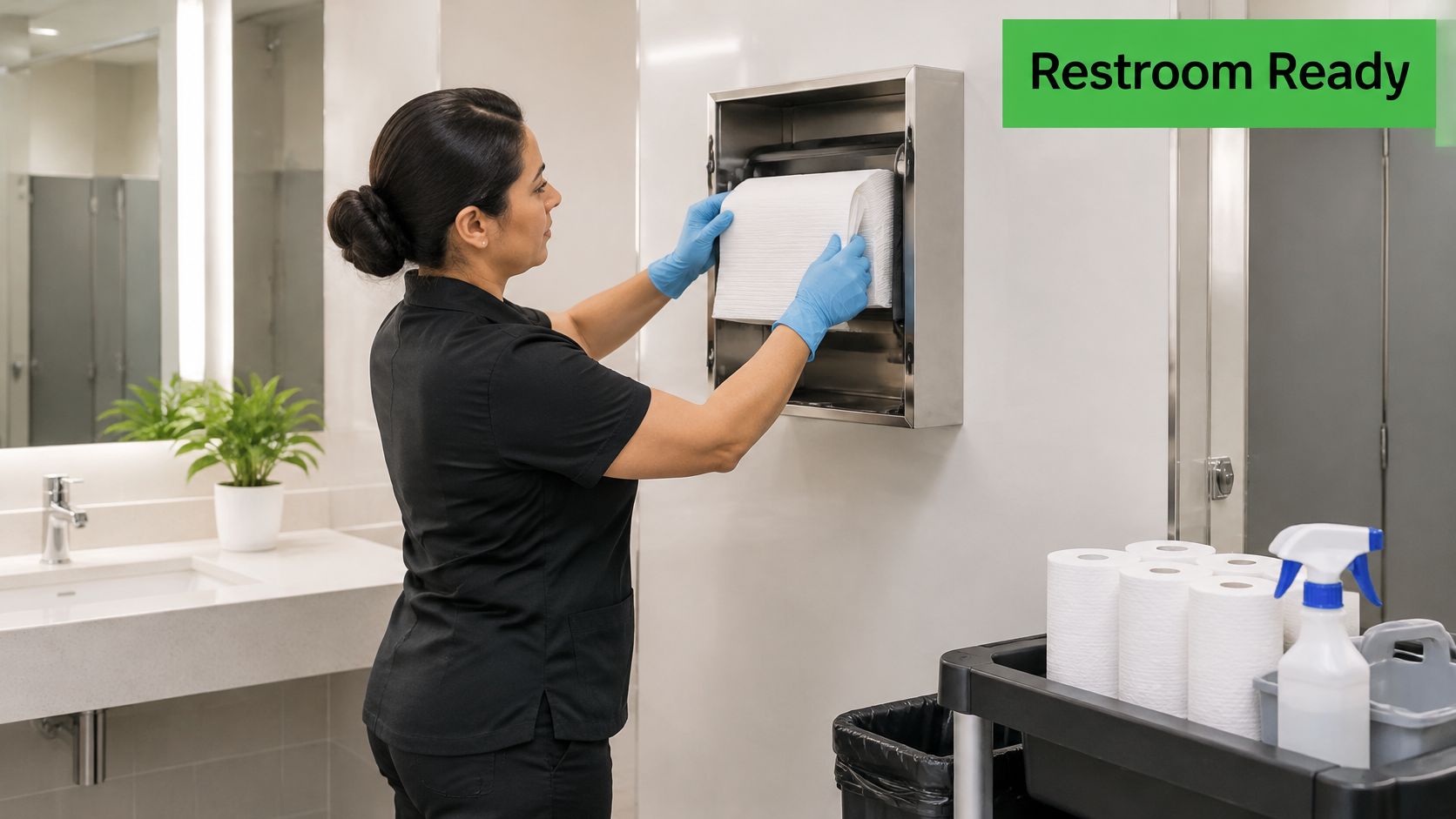 A professional cleaner in uniform and gloves restocking a paper towel dispenser in a modern public restroom.