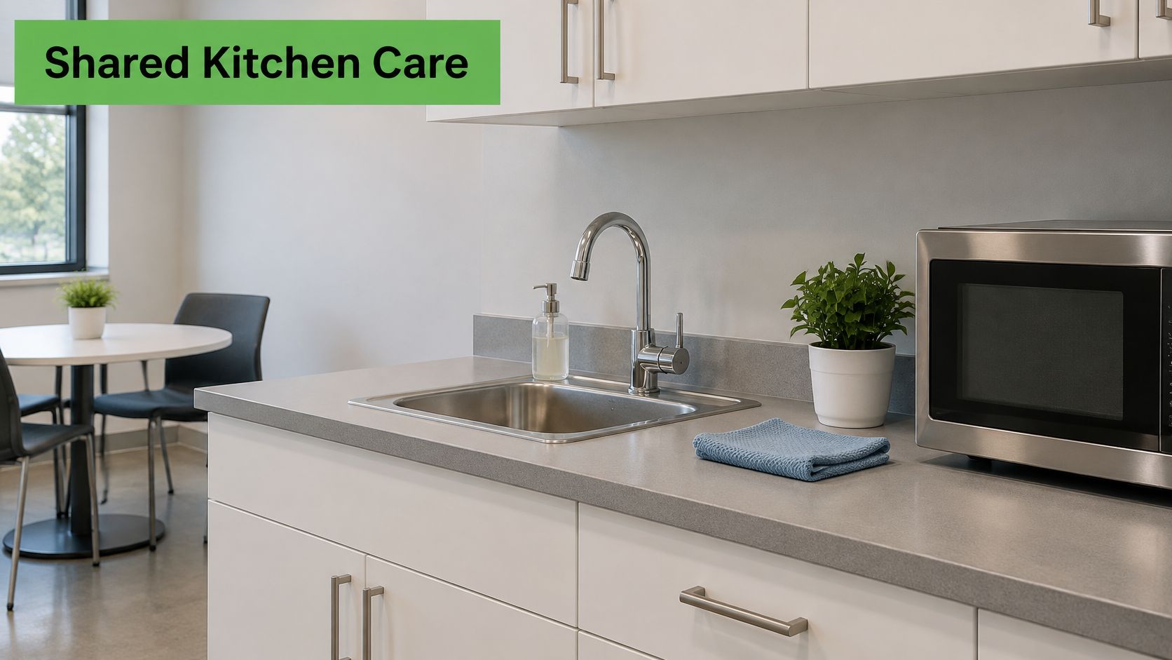 A modern, clean shared kitchen area featuring a stainless steel sink, microwave, white cabinets, and small plants.