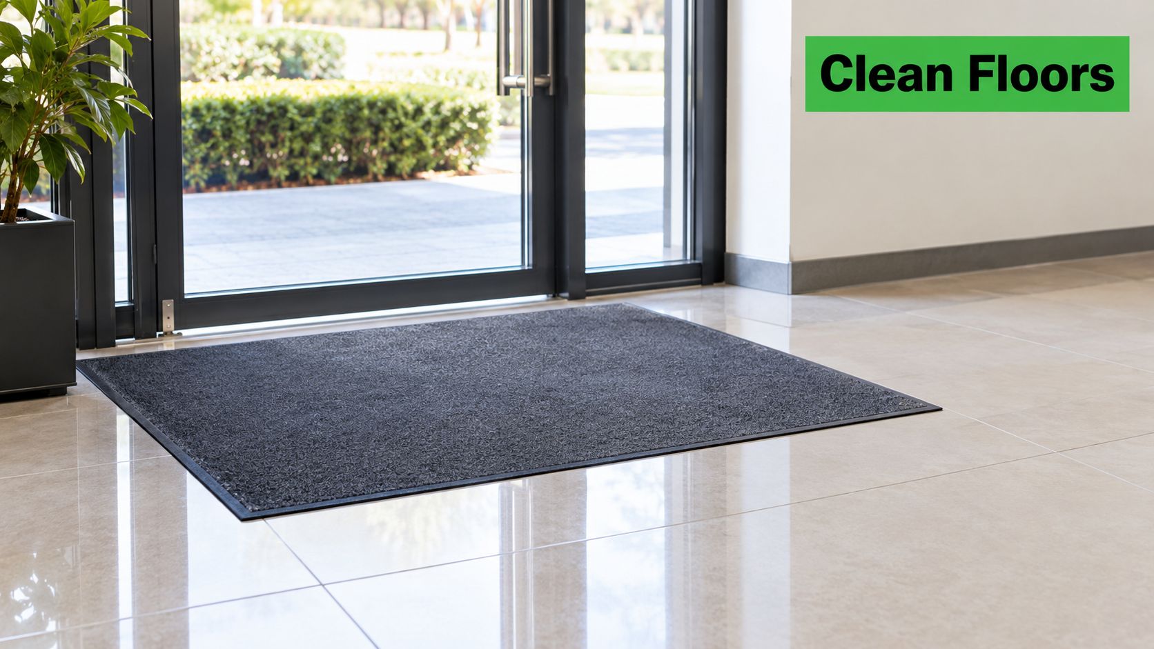 A clean commercial lobby entrance featuring a dark gray floor mat on shiny tiled flooring.