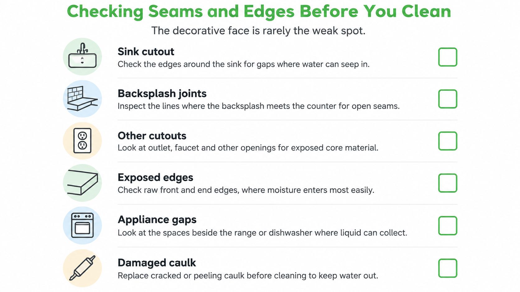 A checklist for cleaning laminate countertops, highlighting key areas like sink cutouts and backsplash joints to inspect.