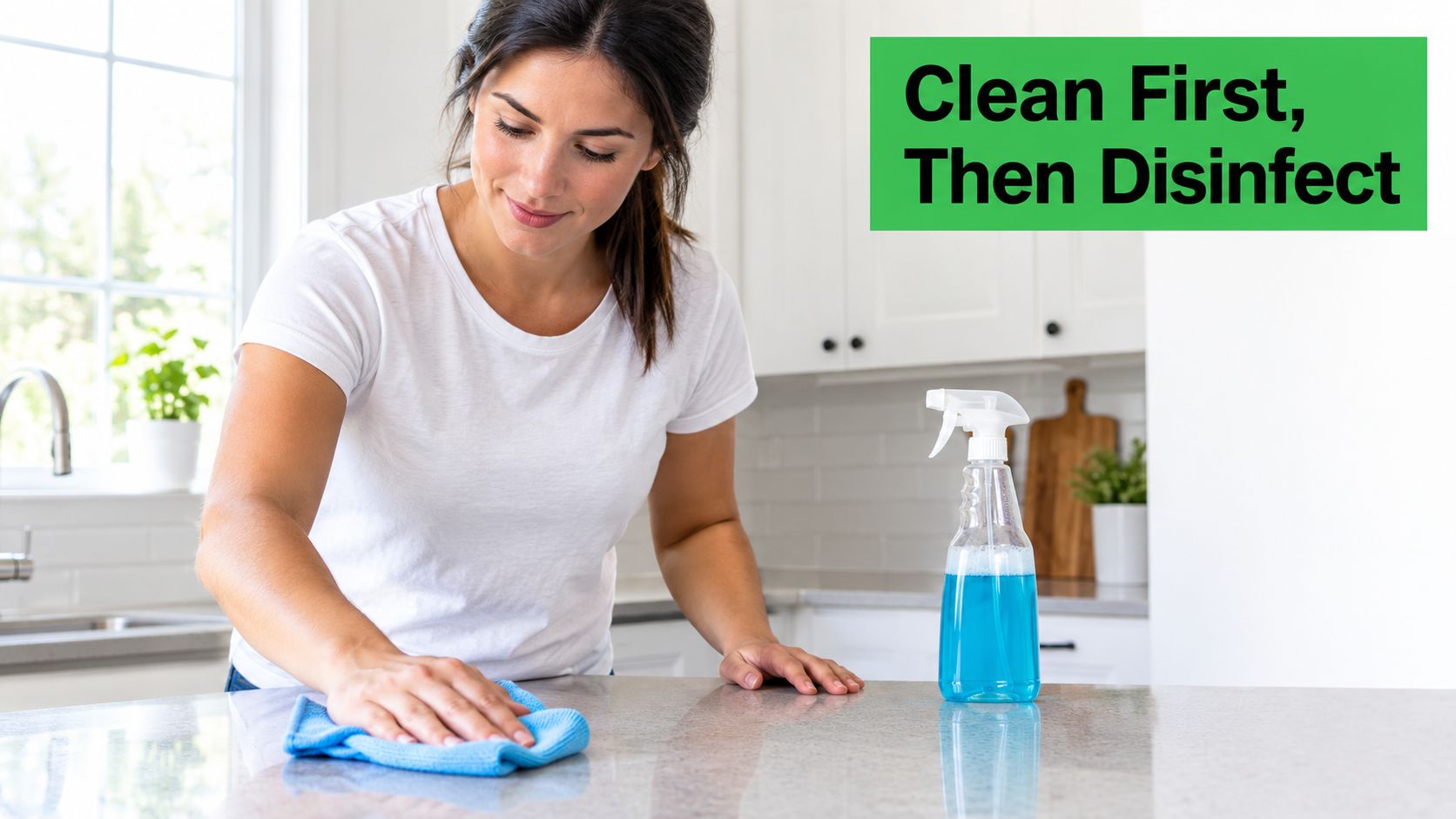 A woman in a white t-shirt cleans a kitchen countertop with a blue microfiber cloth.