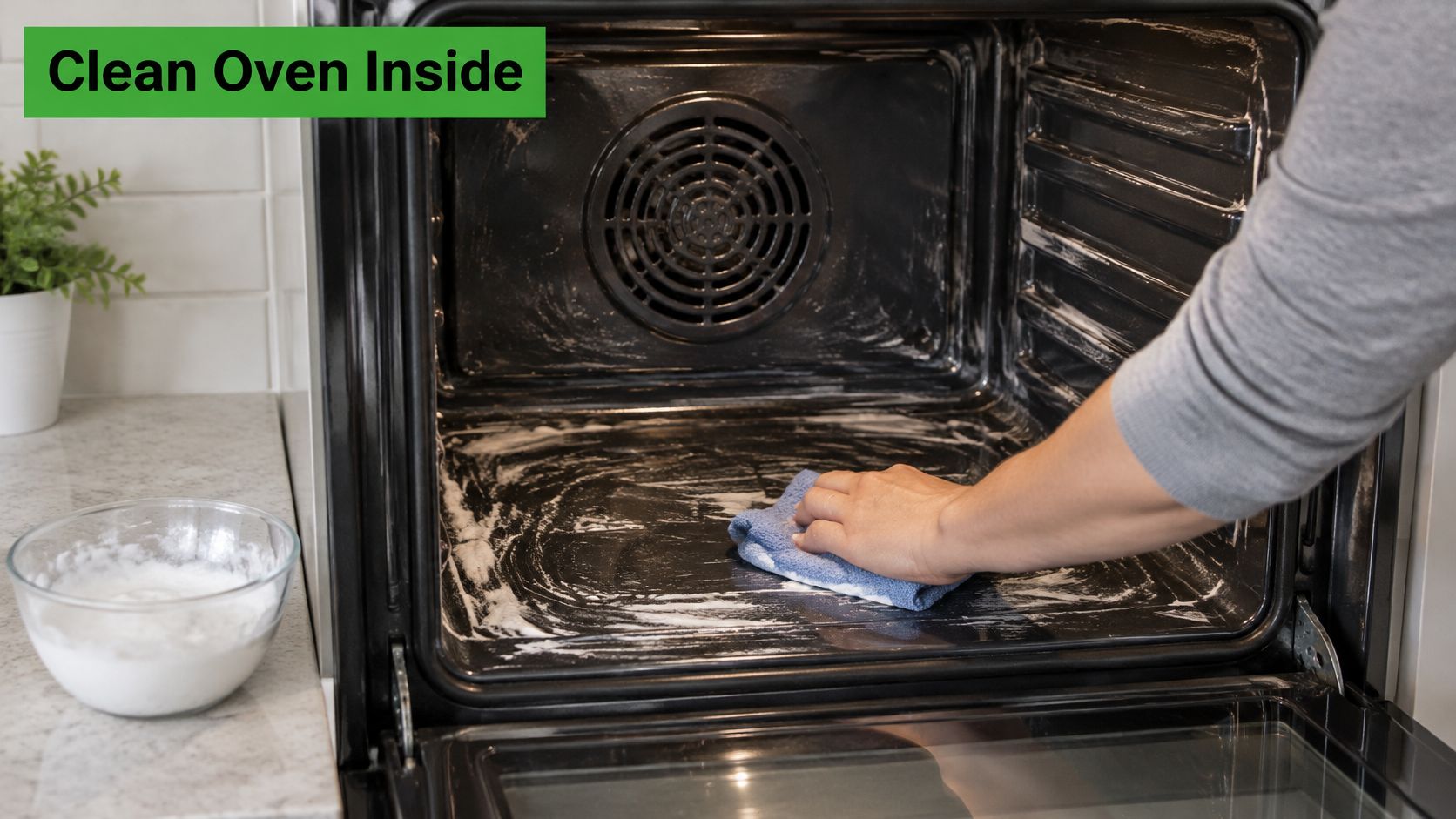 A person using a blue cloth to wipe down the inside of a dirty oven.