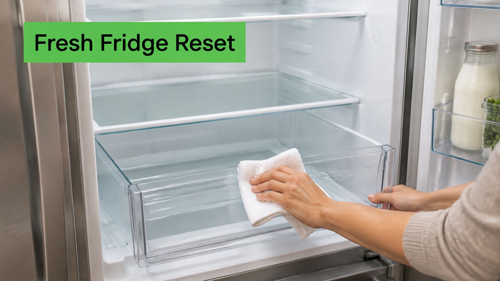 A close-up view of a person wiping the inside of a clean refrigerator drawer with a white cloth.