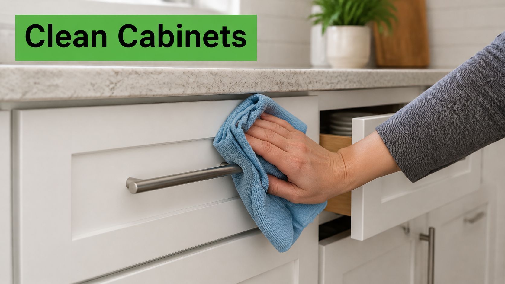 A close-up view of a person wiping down white kitchen cabinets with a blue microfiber cloth.