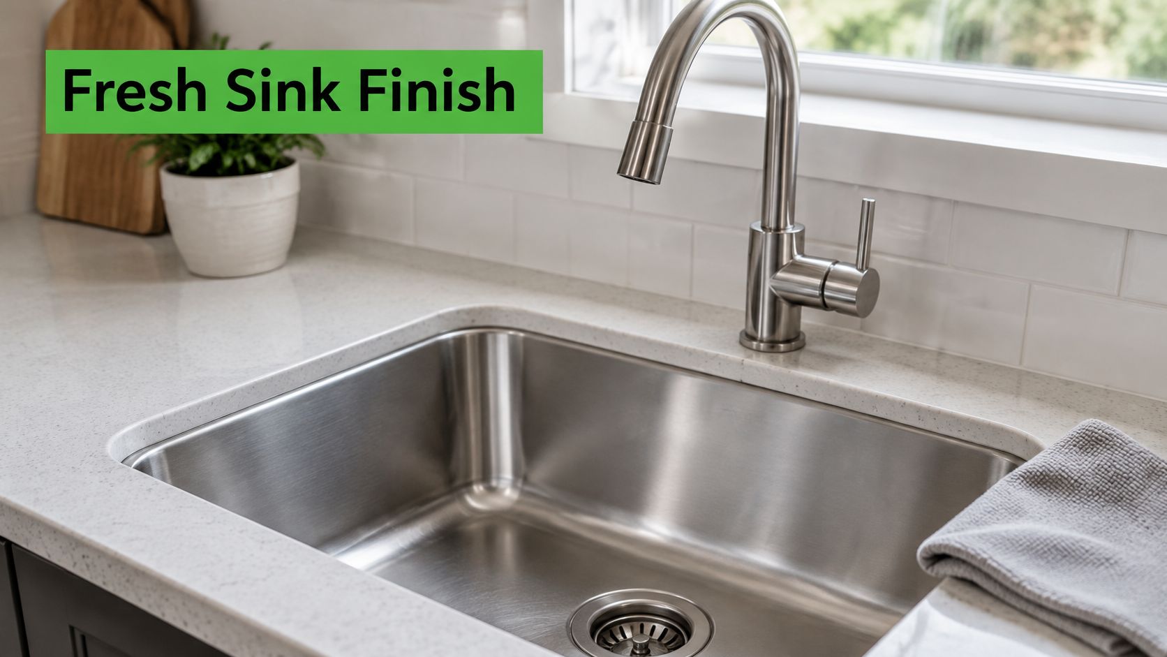 A clean stainless steel kitchen sink set into a white quartz countertop with a matching faucet.