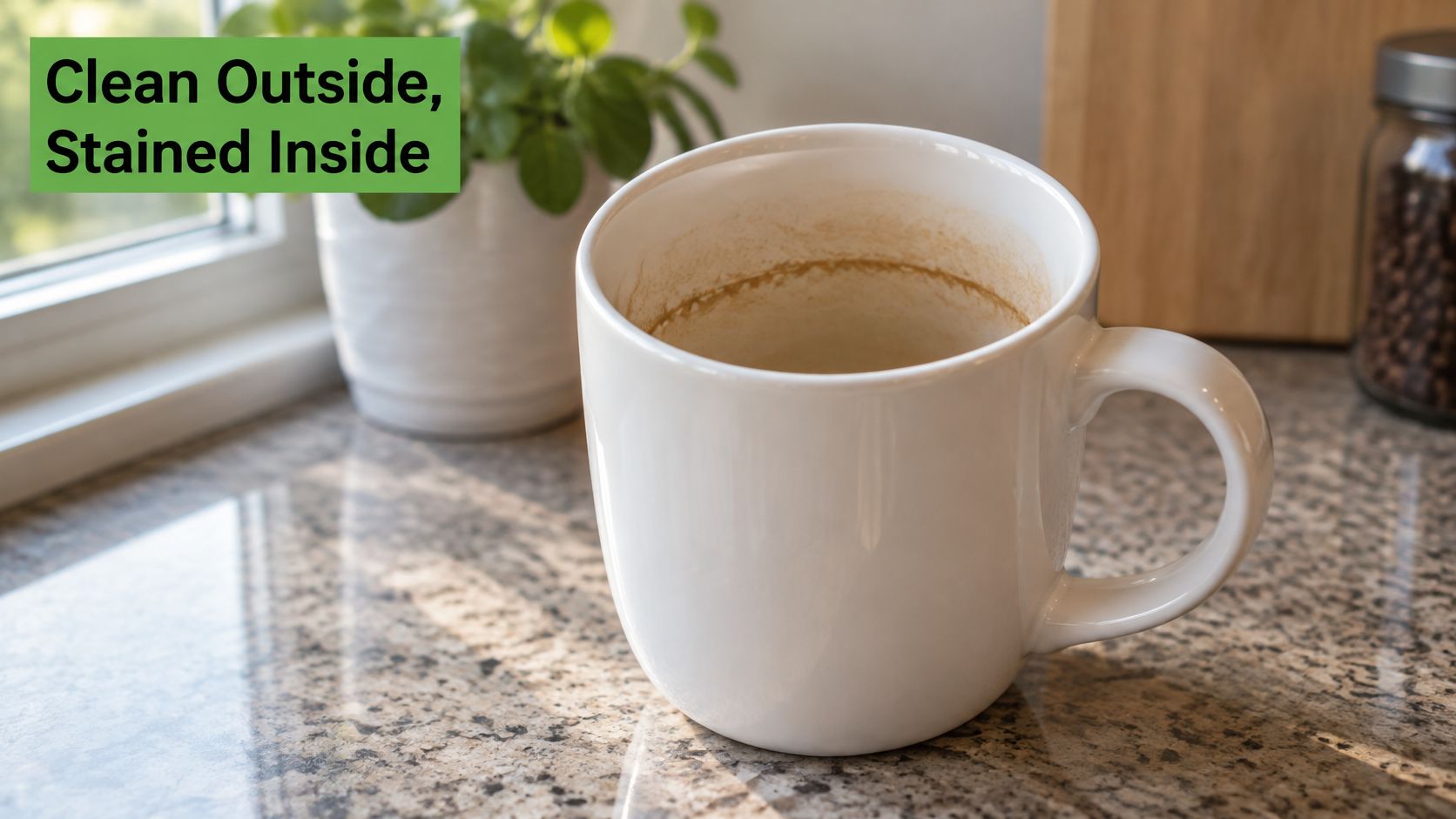 A clean white ceramic coffee mug with noticeable brown tea or coffee stains inside on a granite countertop.