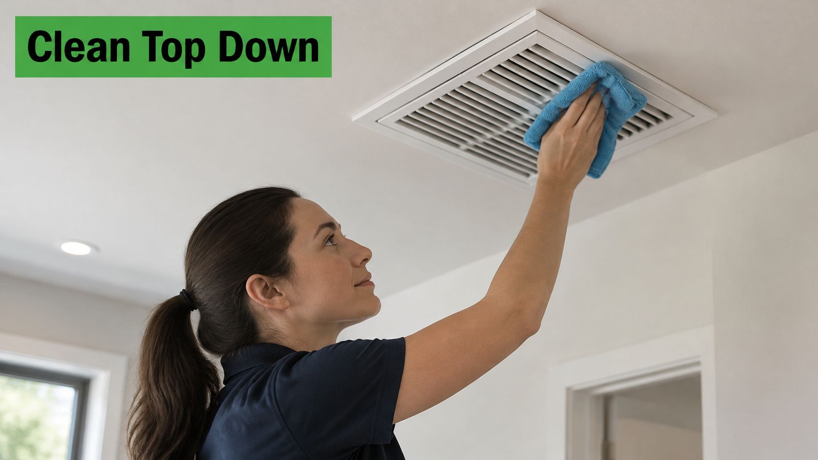 A professional cleaner using a blue microfiber cloth to wipe dust off a ceiling ventilation vent.