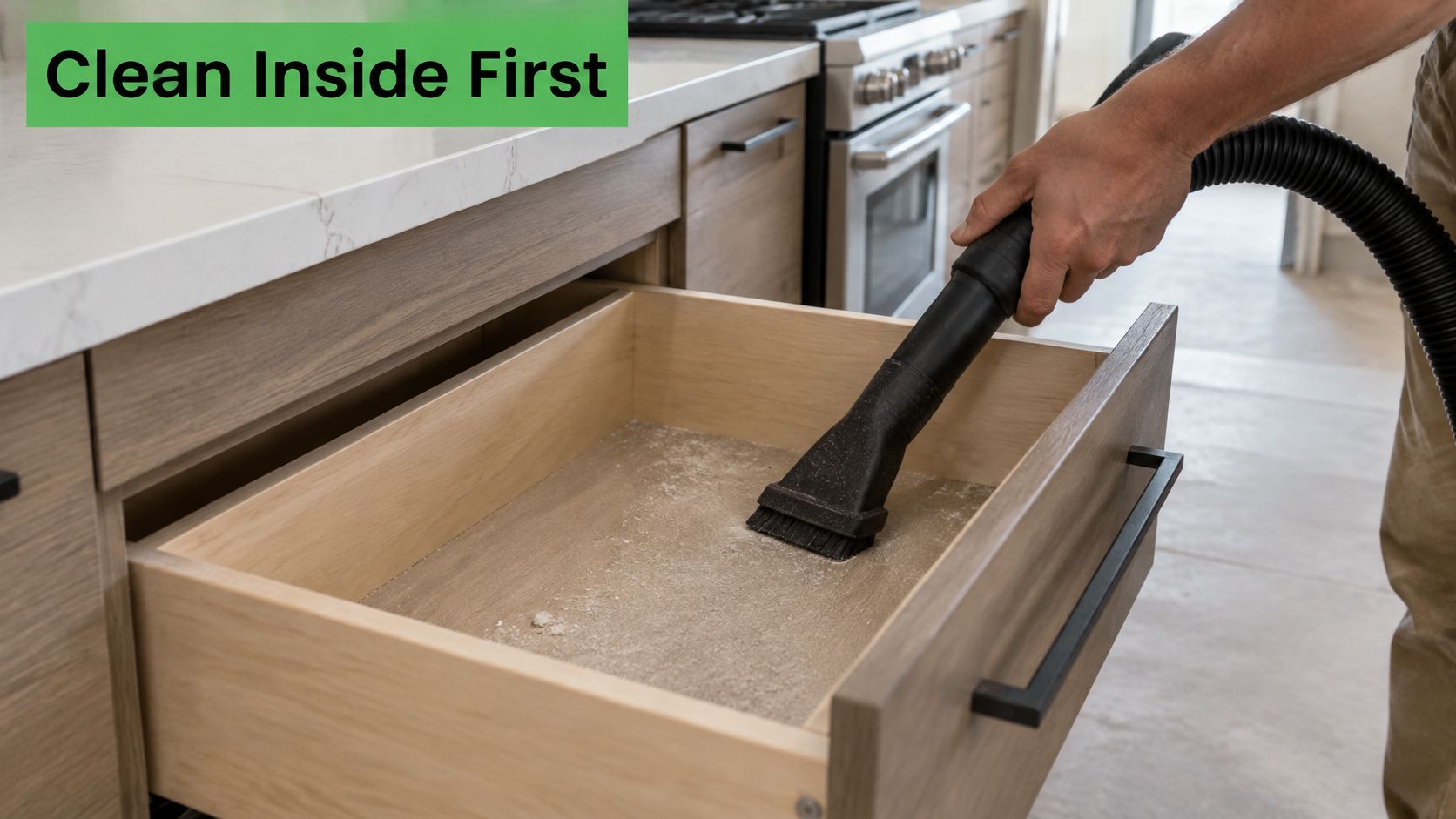 A person vacuuming dust and debris from inside an open kitchen drawer during professional cleaning services.