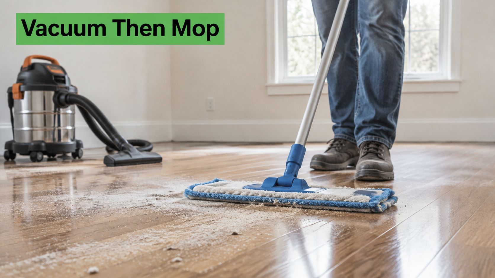 A person cleaning a dusty hardwood floor with a mop after using a shop vacuum cleaner.