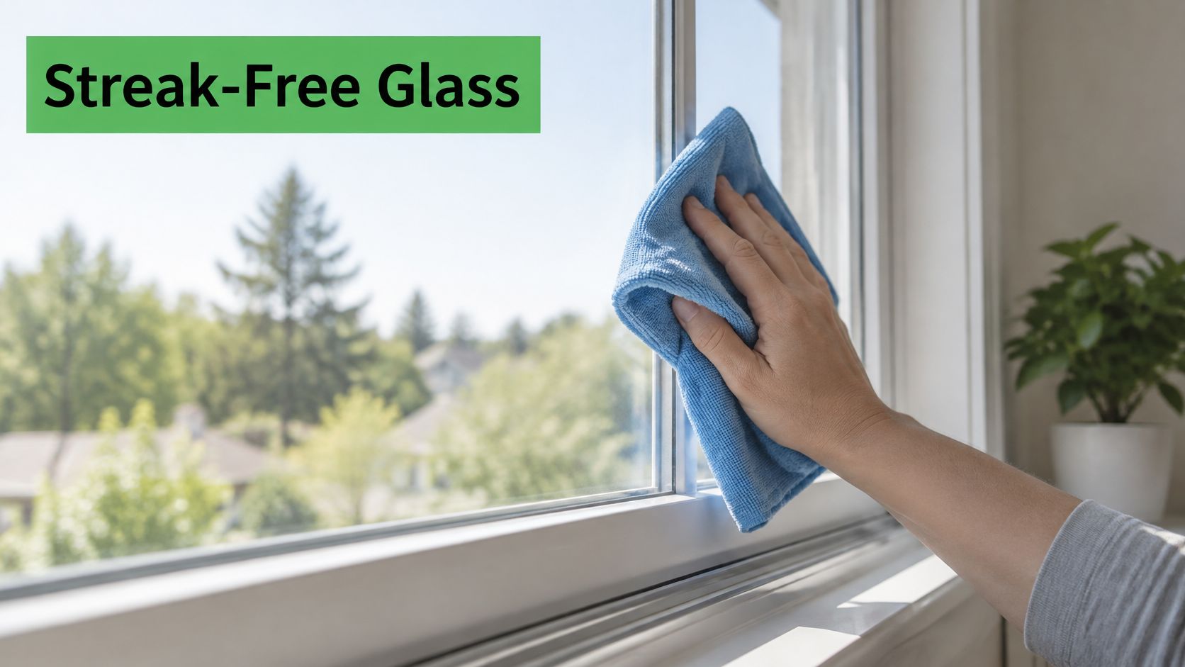 A close up view of a hand cleaning a residential window pane with a blue microfiber cloth.