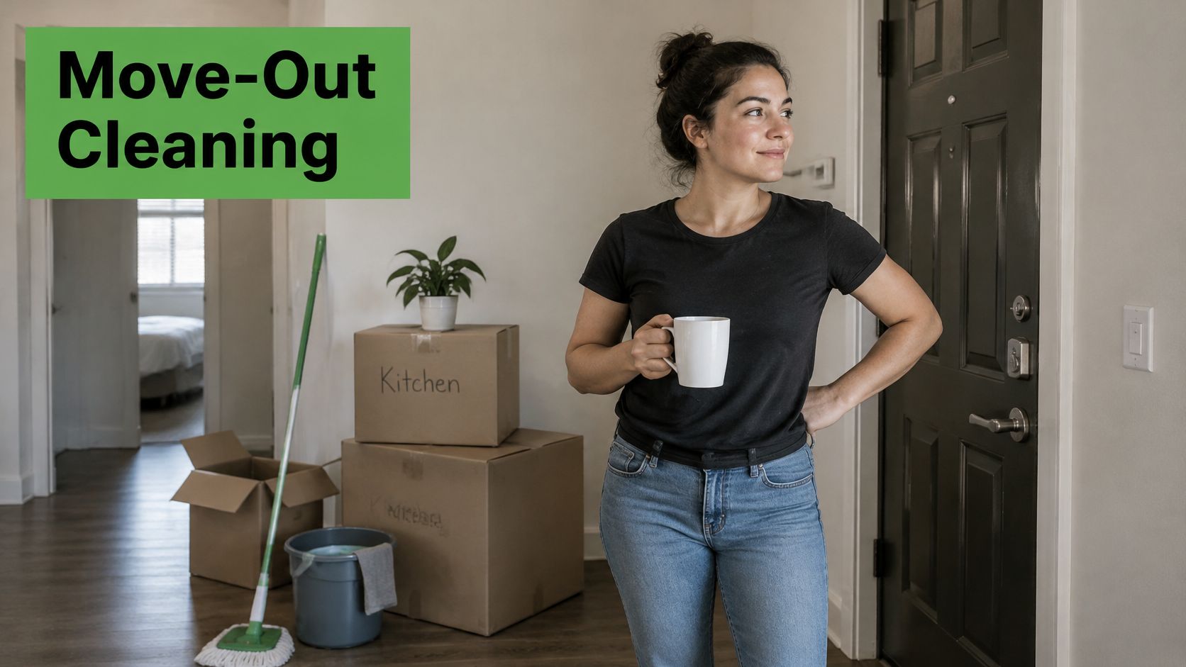 A woman holding a coffee mug stands near packed cardboard boxes in a home during move-out cleaning.