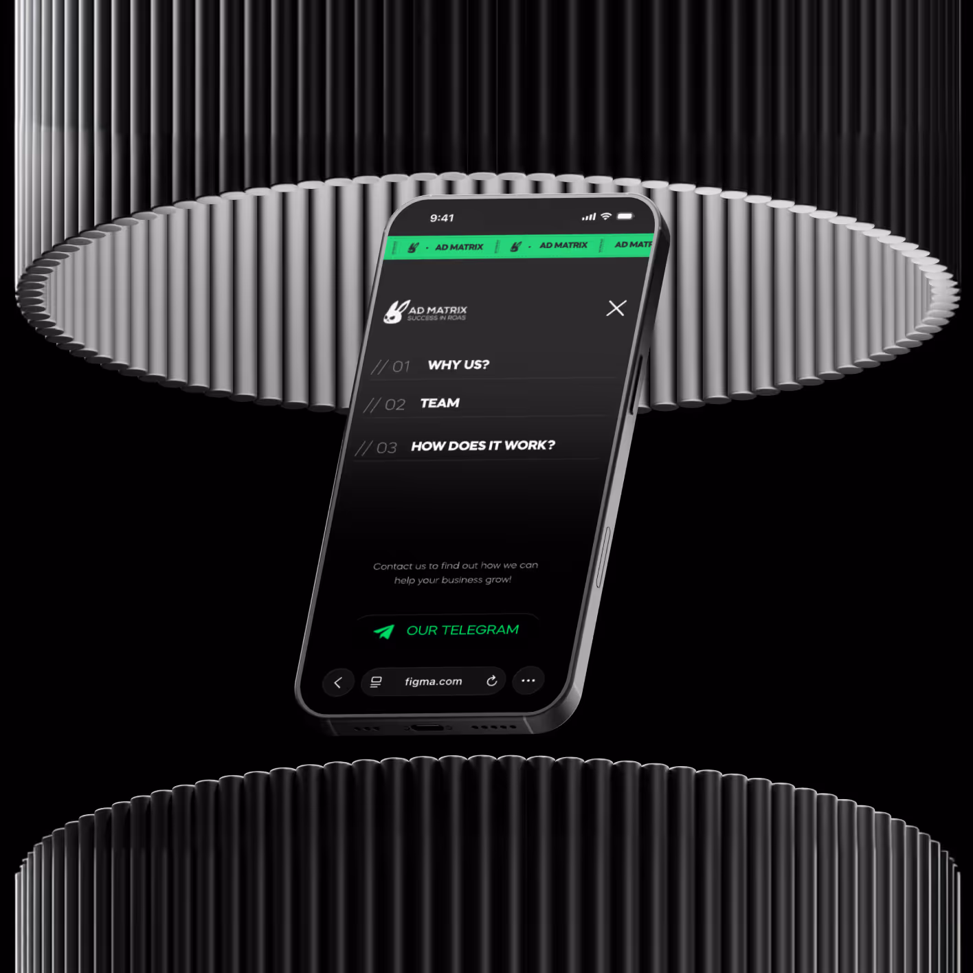 Смартфон із відкритим меню вебсайту Ad Matrix на чорному фоні з двома горизонтальними кільцями.