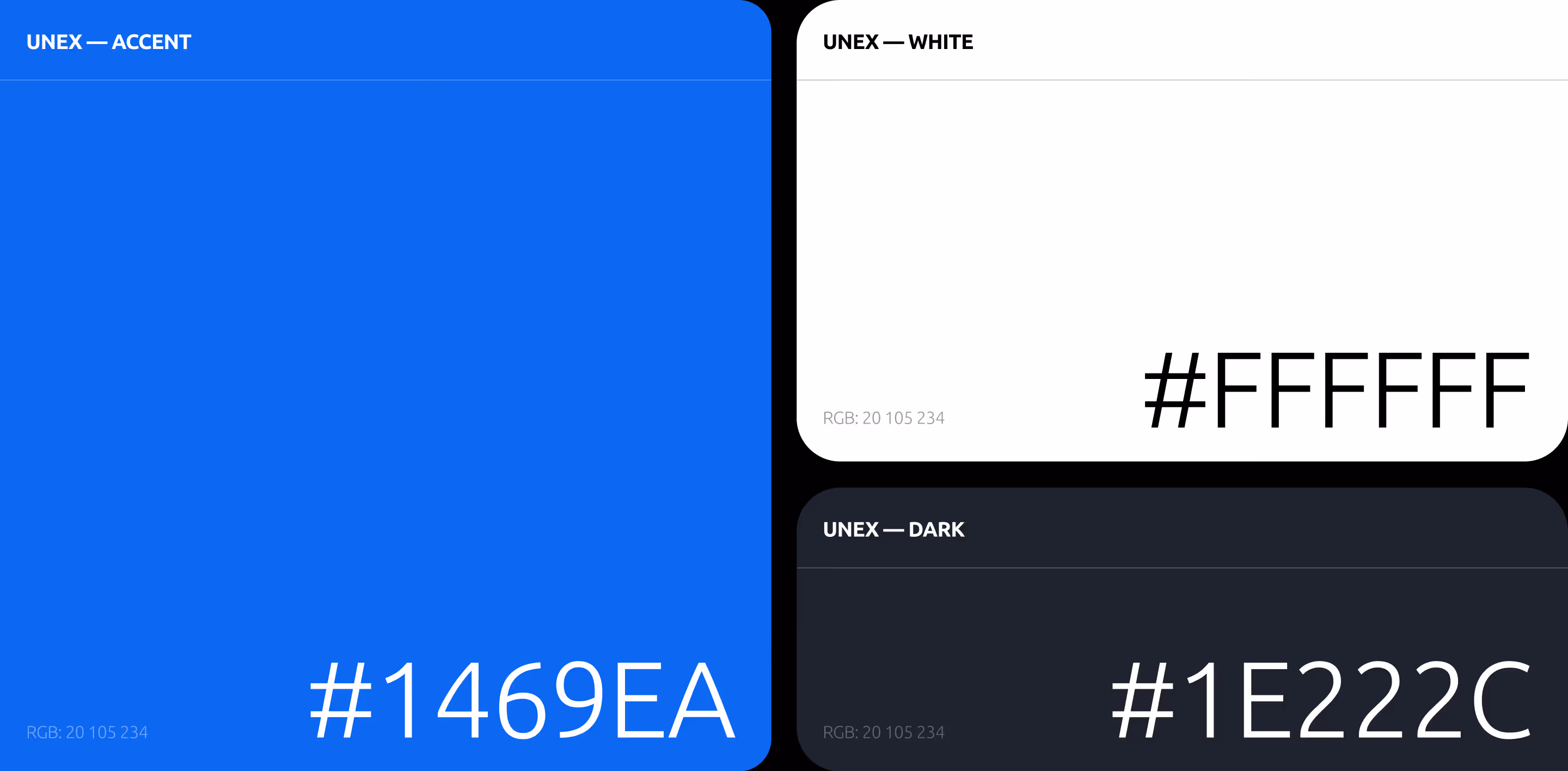 Палітра кольорів UNEX із акцентним синім #1469EA, білим #FFFFFF і темним #1E222C кольорами з відповідними значеннями RGB.