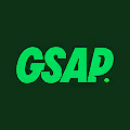 Логотип GSAP зеленою жирною розлогою гарнітурою на чорному фоні.