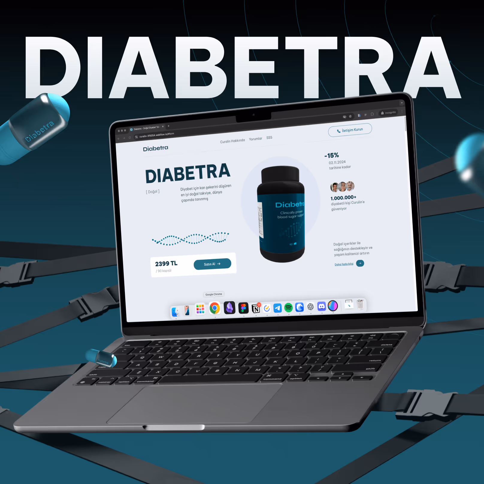 Ноутбук із відкритою веб-сторінкою продукту Diabetra, натуральної добавки для зниження рівня цукру в крові, на тлі літаючих капсул.