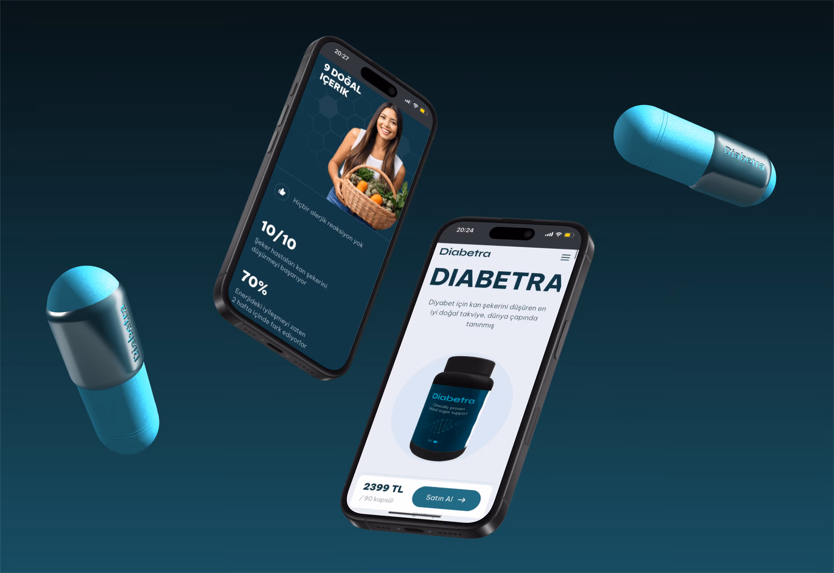 Два смартфони із зображеннями та описом капсул Diabetra, поруч дві сині капсули на темно-блакитному фоні.
